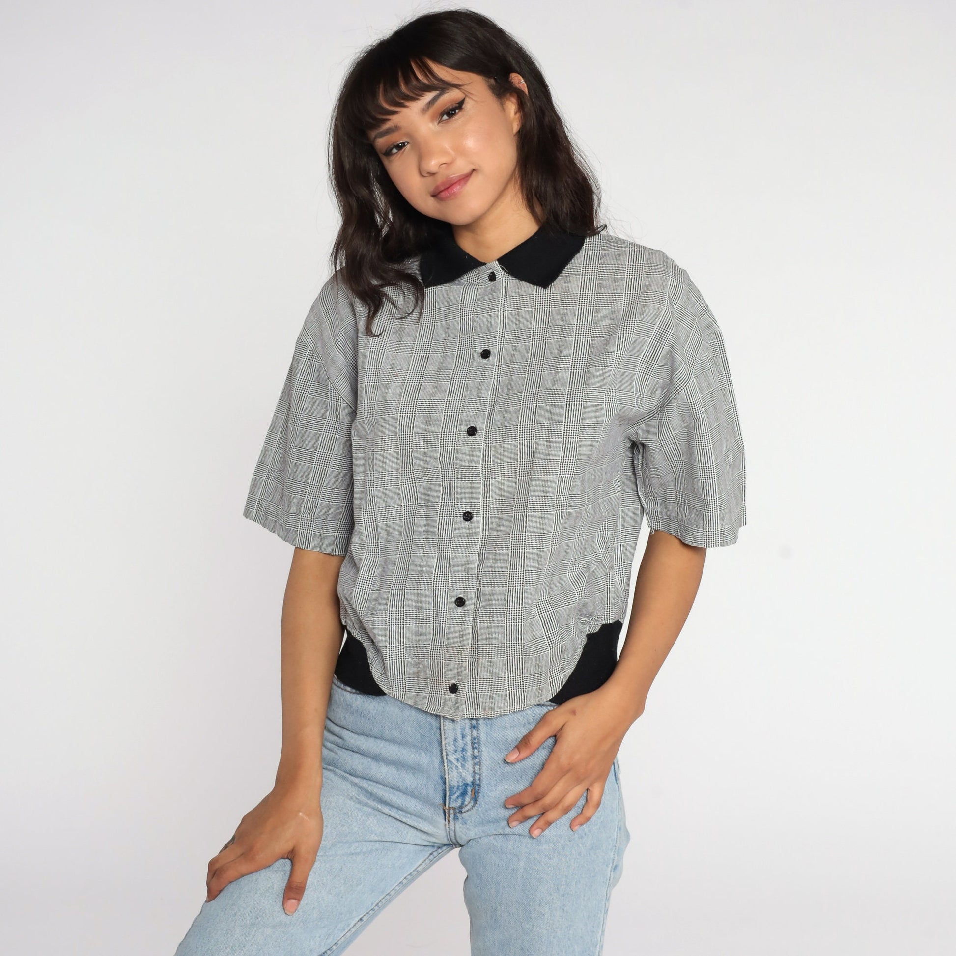 90s Black White Checkered Button-Up Shirt Cotton Short Sleeve Small