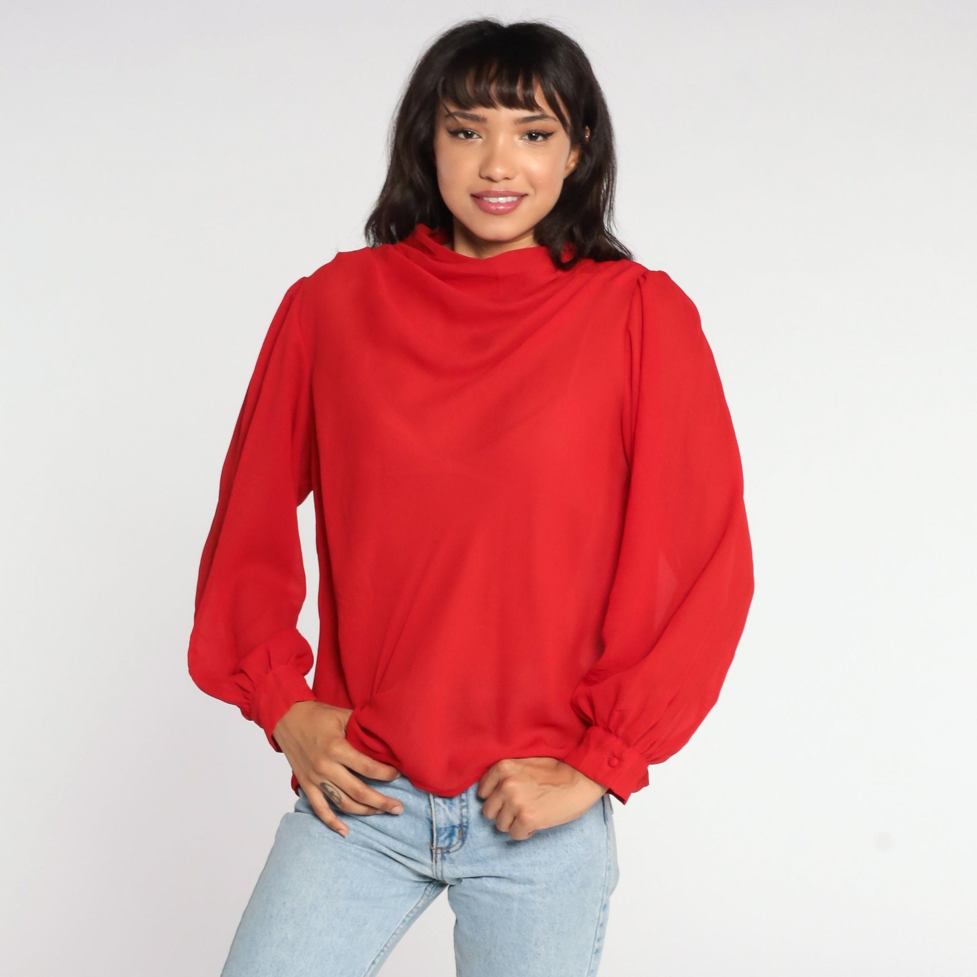 80s Red Sheer Cowl Neck Blouse Puff Sleeve Party Top Large L