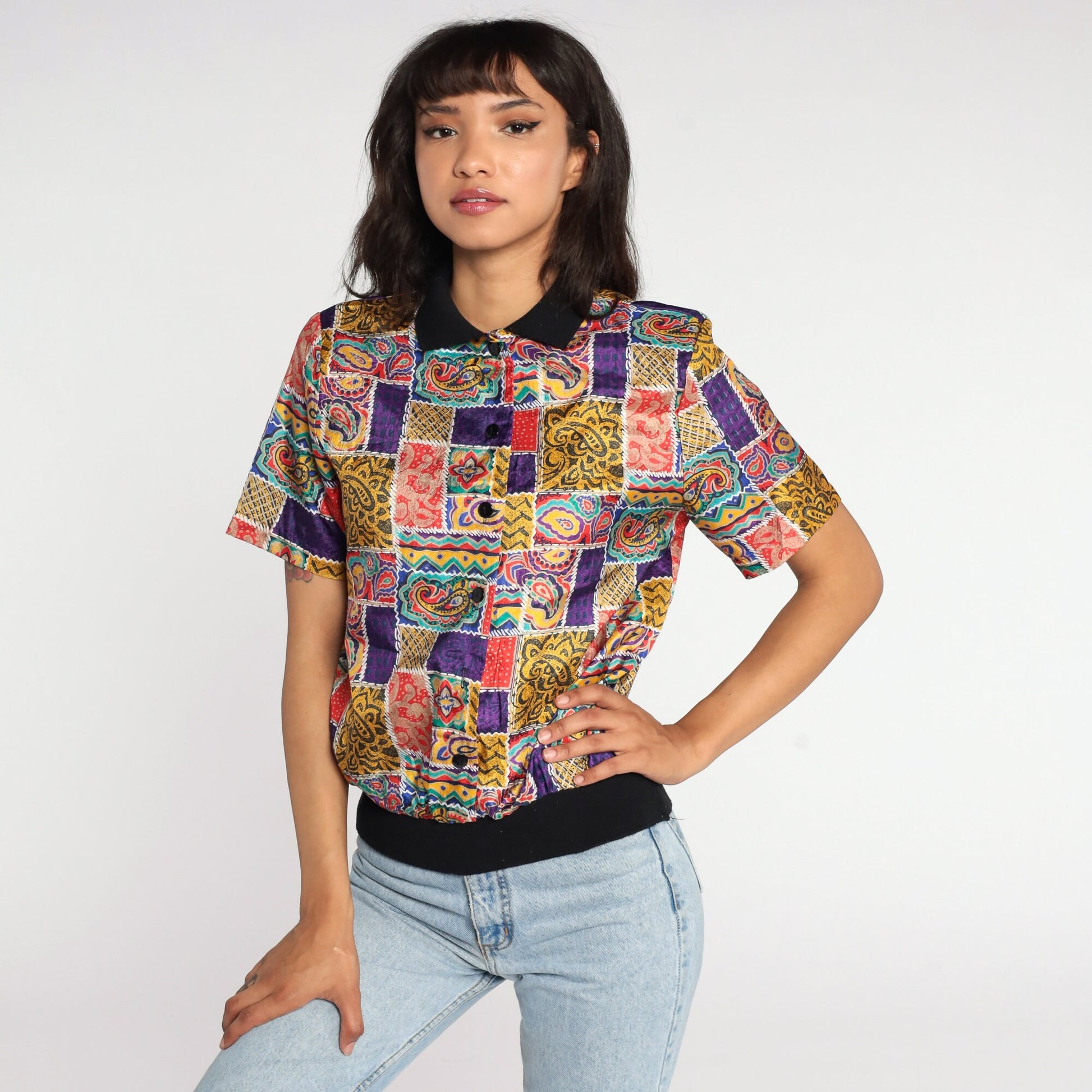 90s Paisley Print Button-Up Shirt Short Sleeve Blouse Medium
