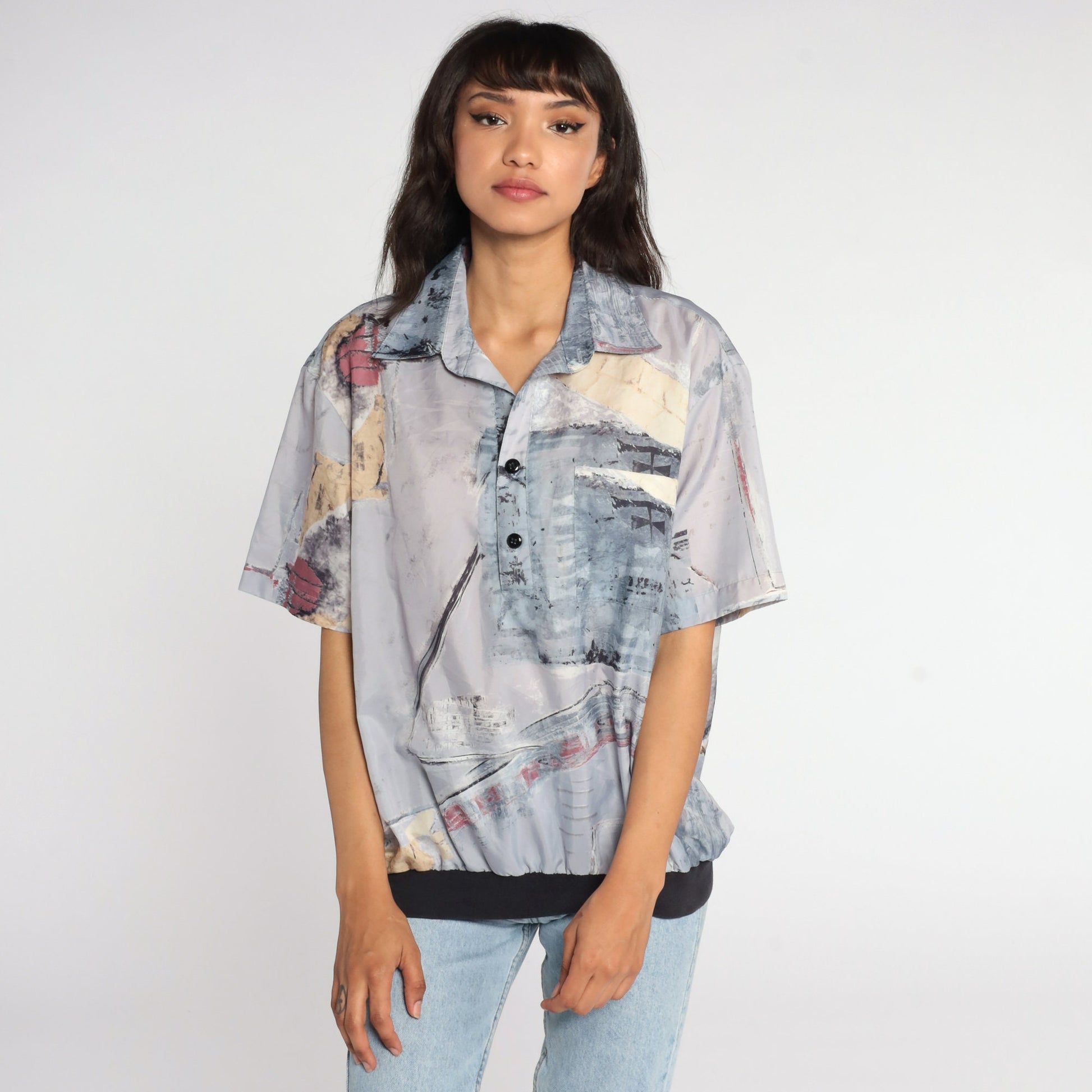 80s Abstract Brushstroke Button-Up Shirt Grey Polyester Blouse Large