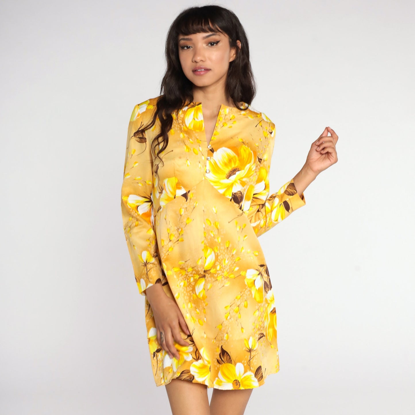 60s Yellow Floral Babydoll Dress Empire Waist Mini Long Sleeve Medium