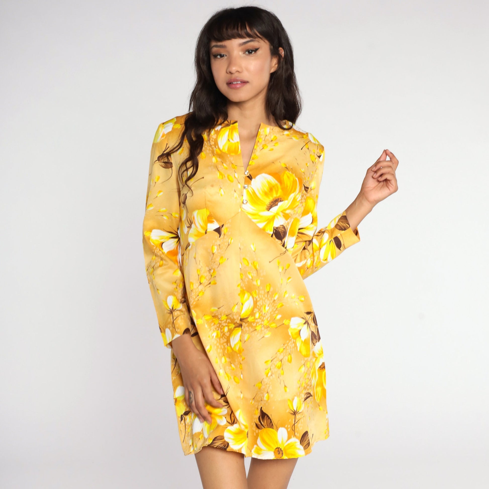 60s Yellow Floral Babydoll Dress Empire Waist Mini Long Sleeve Medium