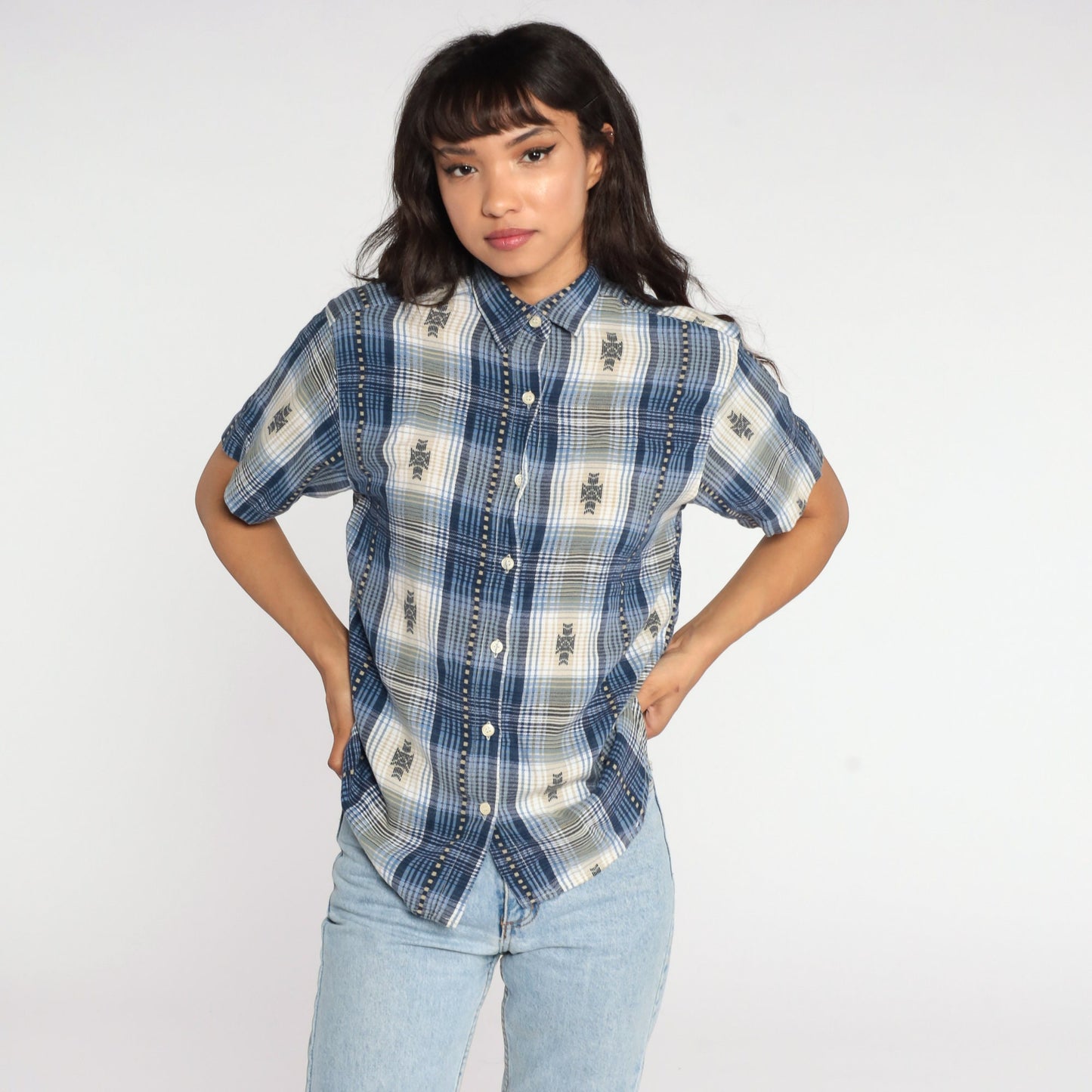 80s Blue Plaid Button-Up Shirt Short Sleeve Medium
