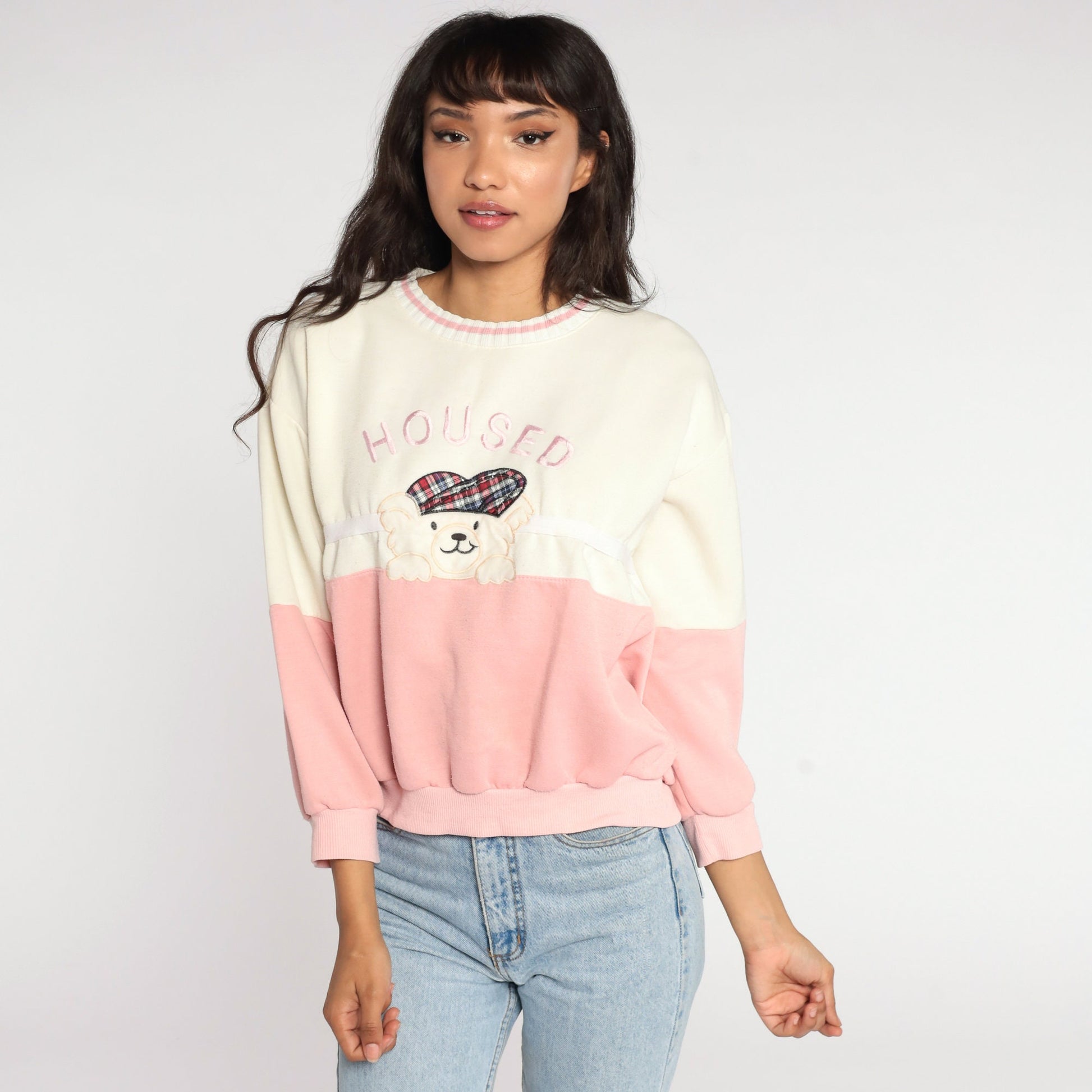 80s Teddy Bear Graphic Sweatshirt Pink Colour Block White Crewneck Small