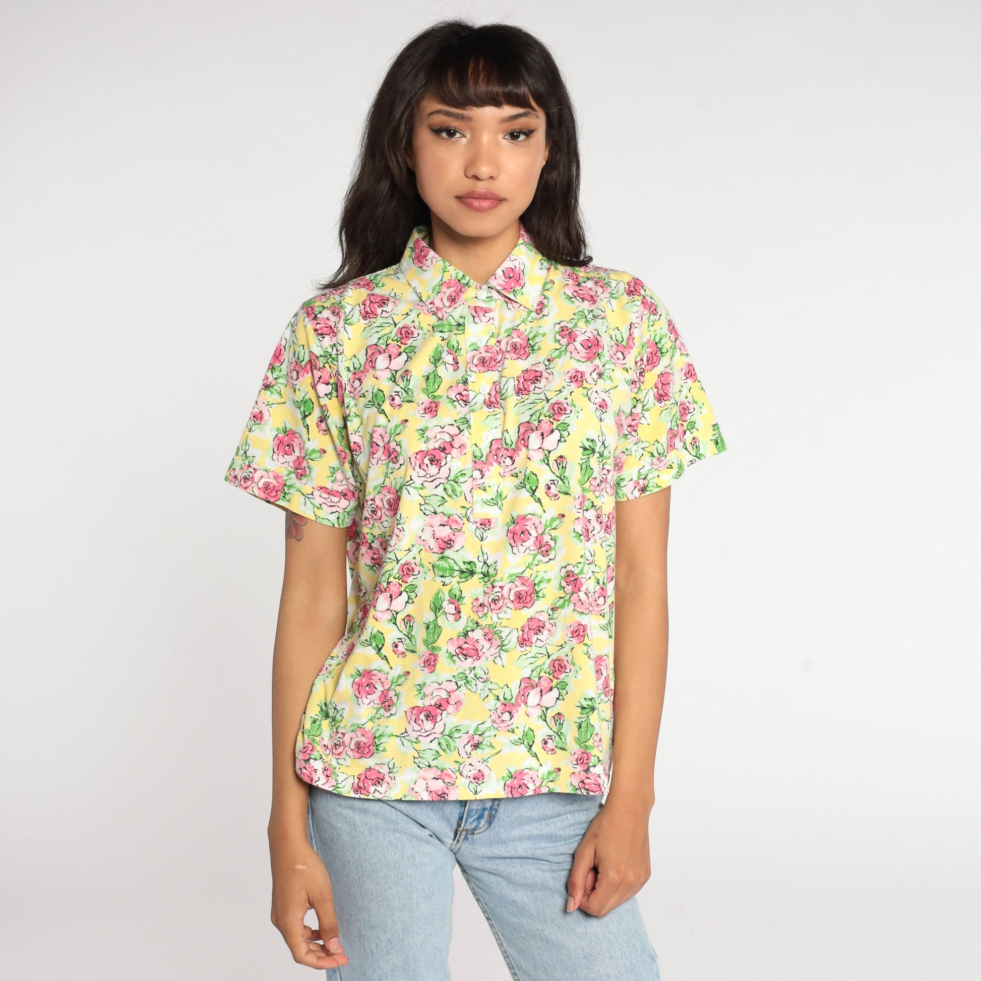 80s Yellow Floral Button-Up Blouse Short Sleeve Pink Rose Print Medium