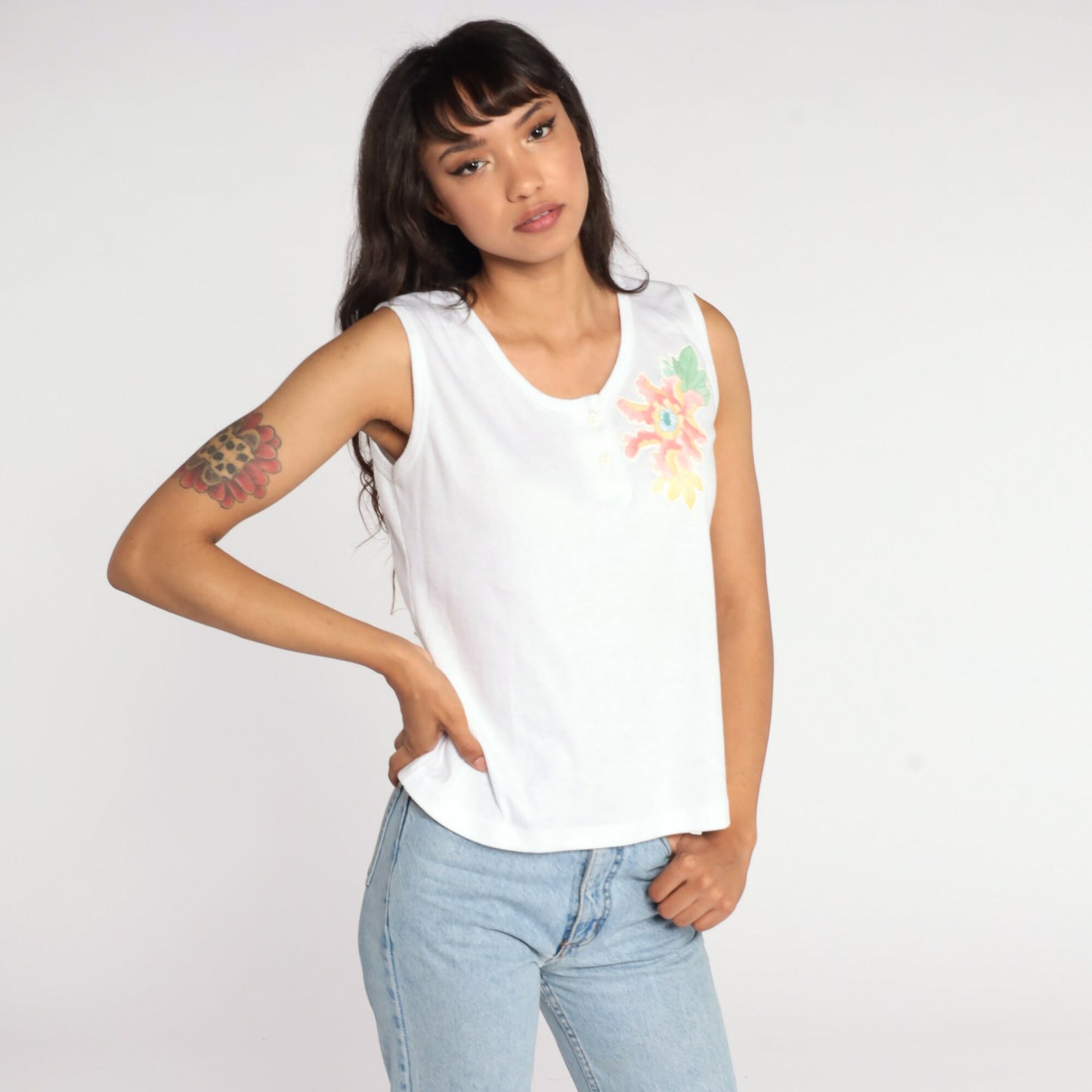 80s White Floral Tank Top Single Stitch Henley Sleeveless Small