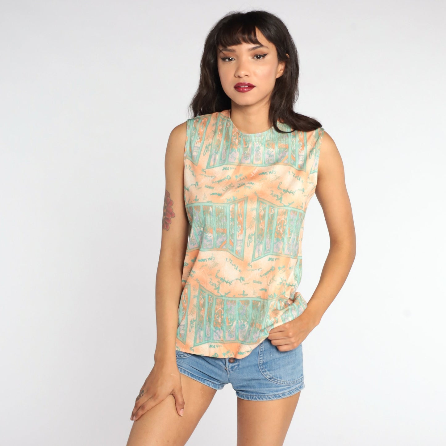 70s Psychedelic Window Print Tank Top Orange Sleeveless Blouse Small