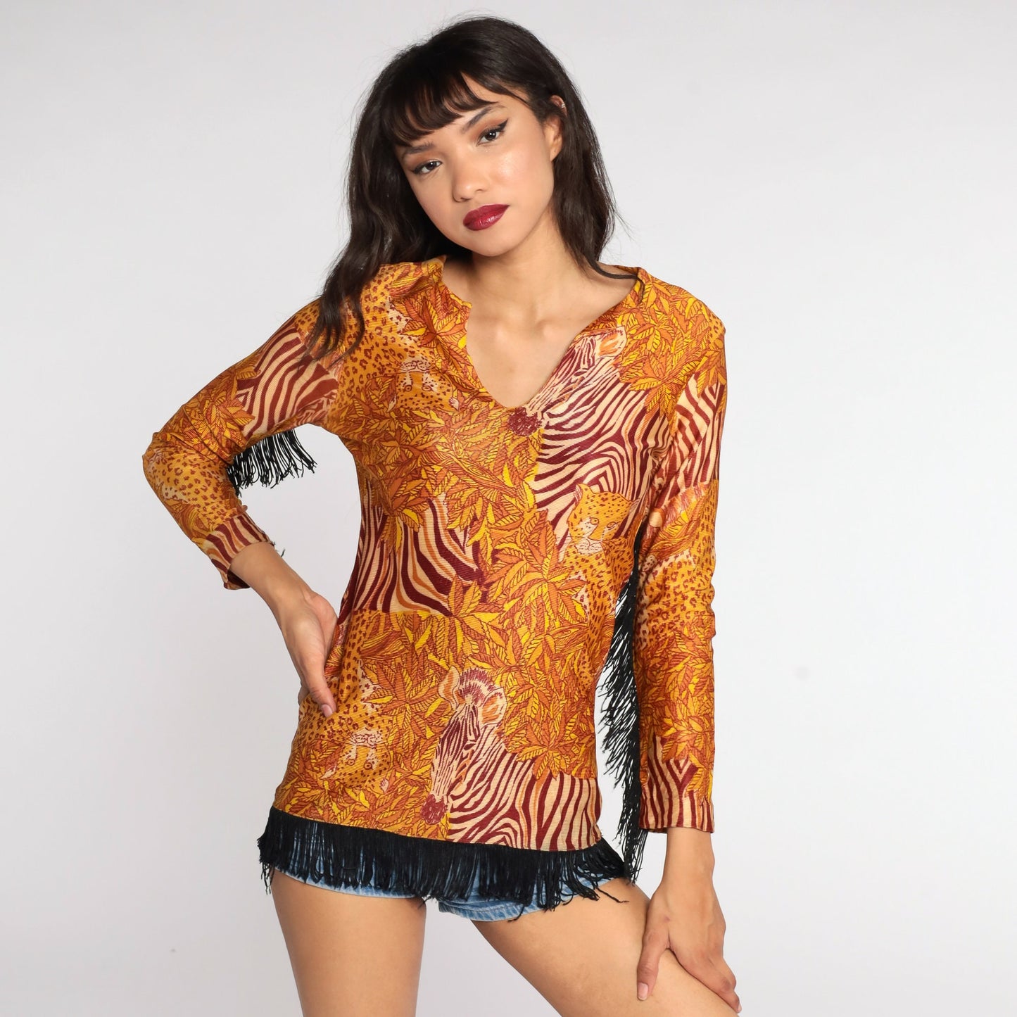 70s Leopard Zebra Animal Print Blouse Fringe Trim Small