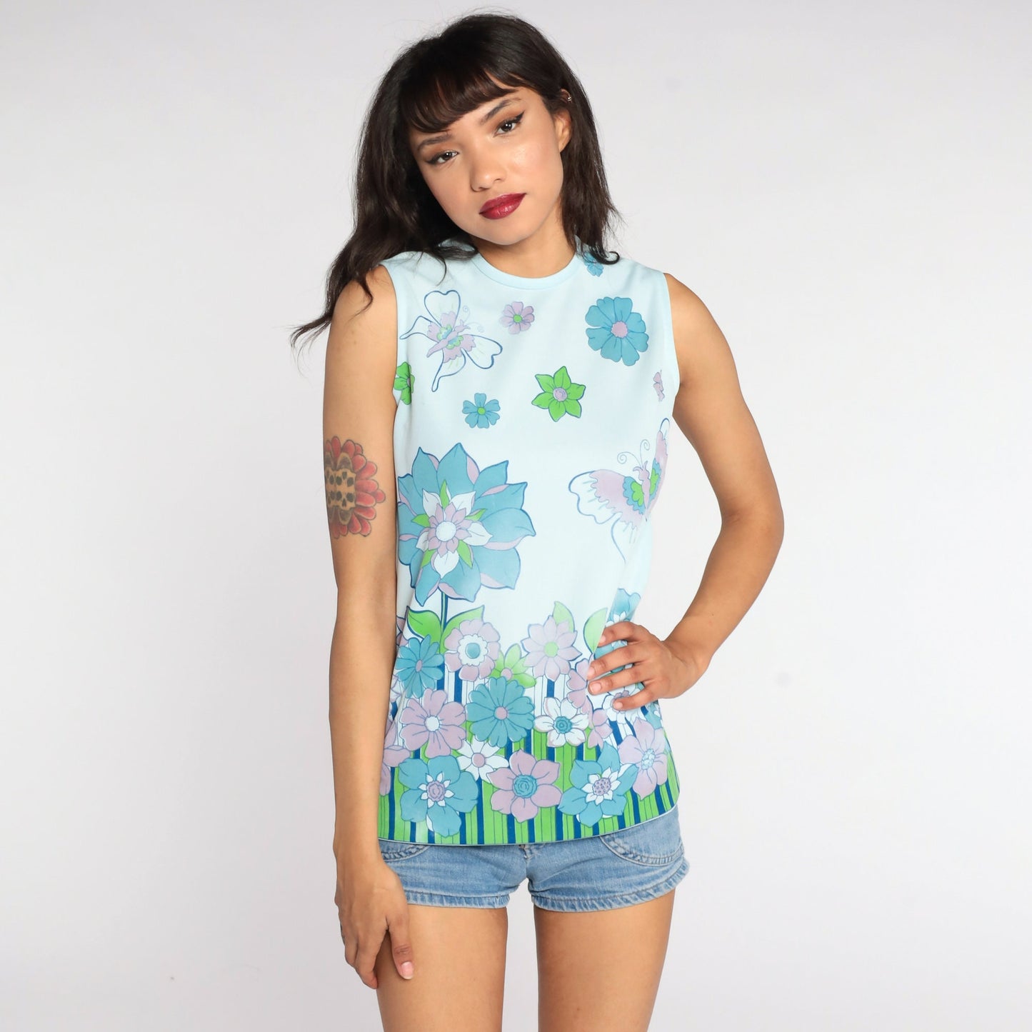 70s Butterfly Floral Tank Top Blue Psychedelic Sleeveless Blouse Small