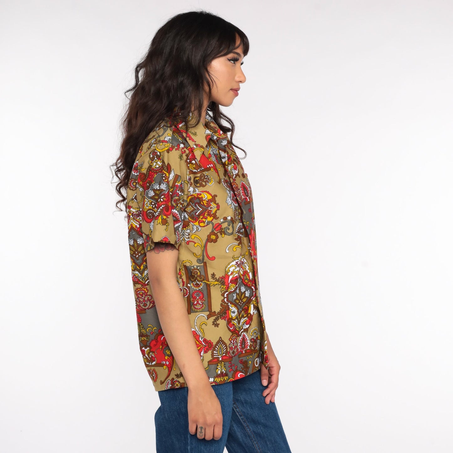 70s Psychedelic Acid Print Button Up Shirt Short Sleeve Unisex Small Medium