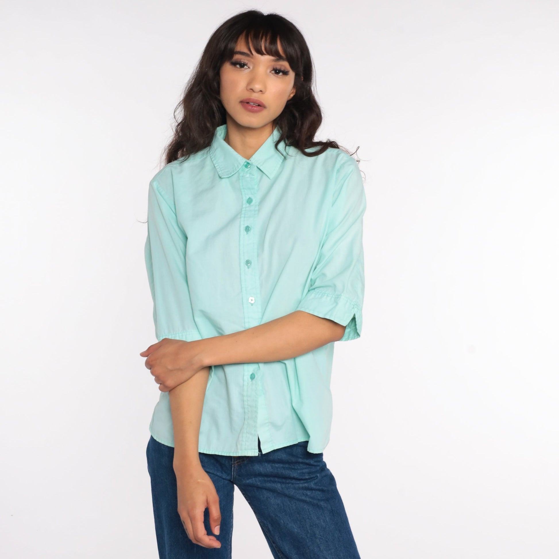 80s Aqua Blue Cotton Button-Up Blouse 3/4 Sleeve Collared Shirt Large