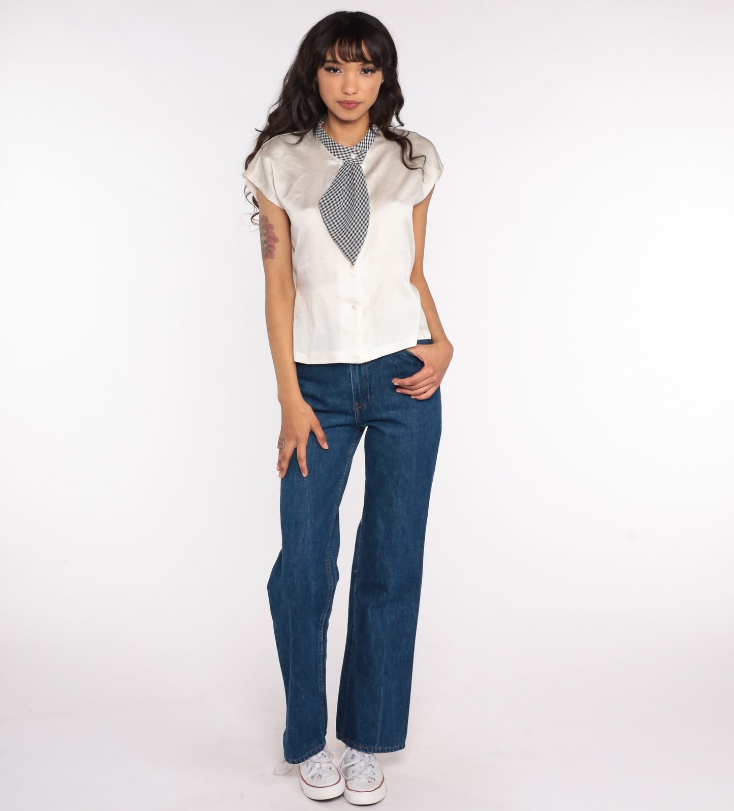70s White Satin Blouse Gingham Ascot Cap Sleeve Button Up Medium