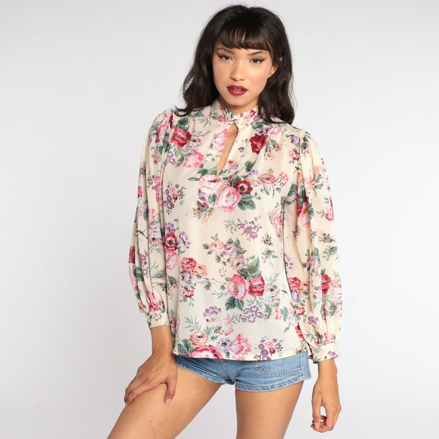 80s Floral Keyhole Blouse Puff Sleeve Semi-Sheer Medium