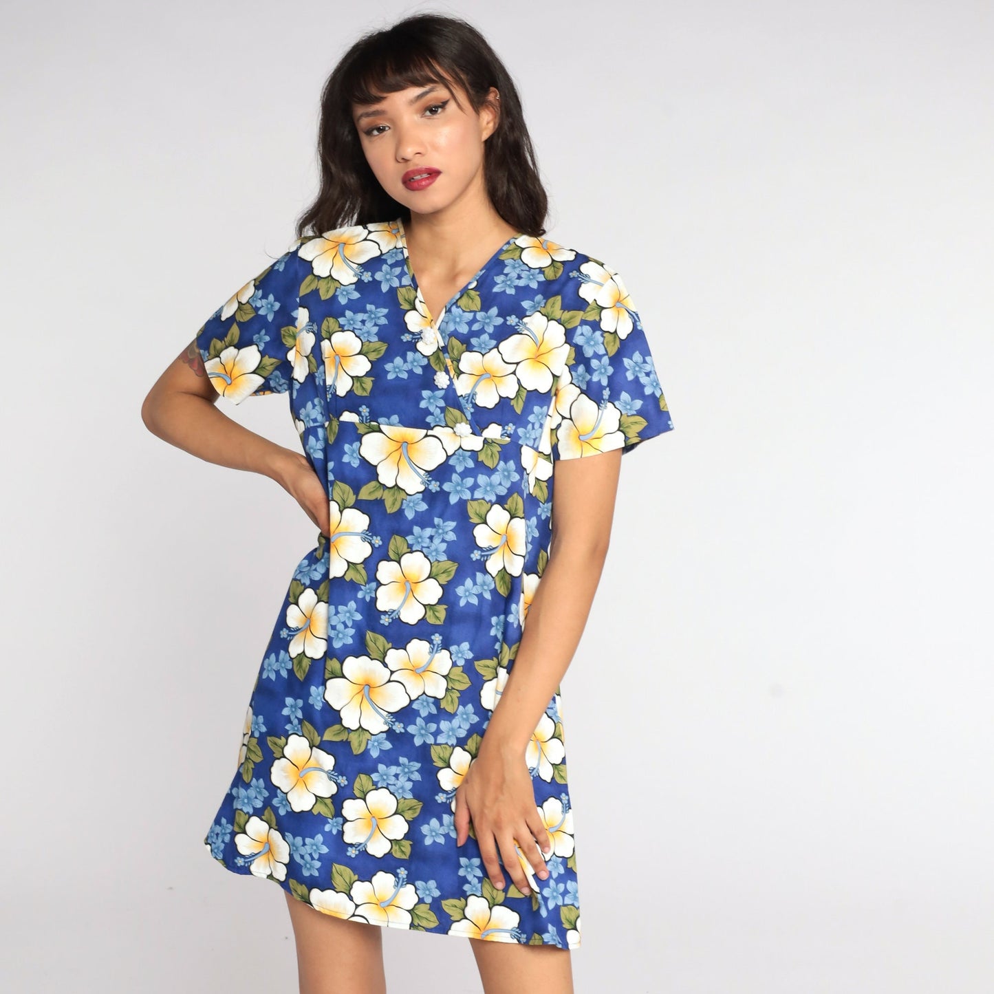 90s Floral Tropical Mini Dress Hibiscus Print Shift Blue Small