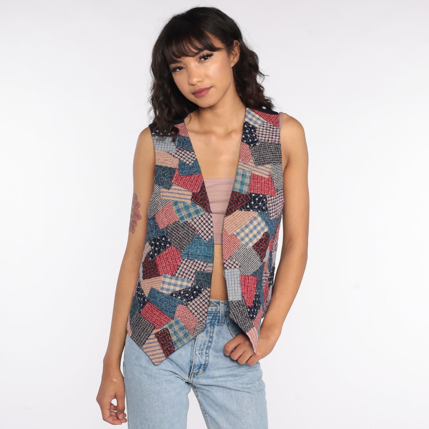 90s Patchwork Open Front Vest Top Red Blue Gingham Medium
