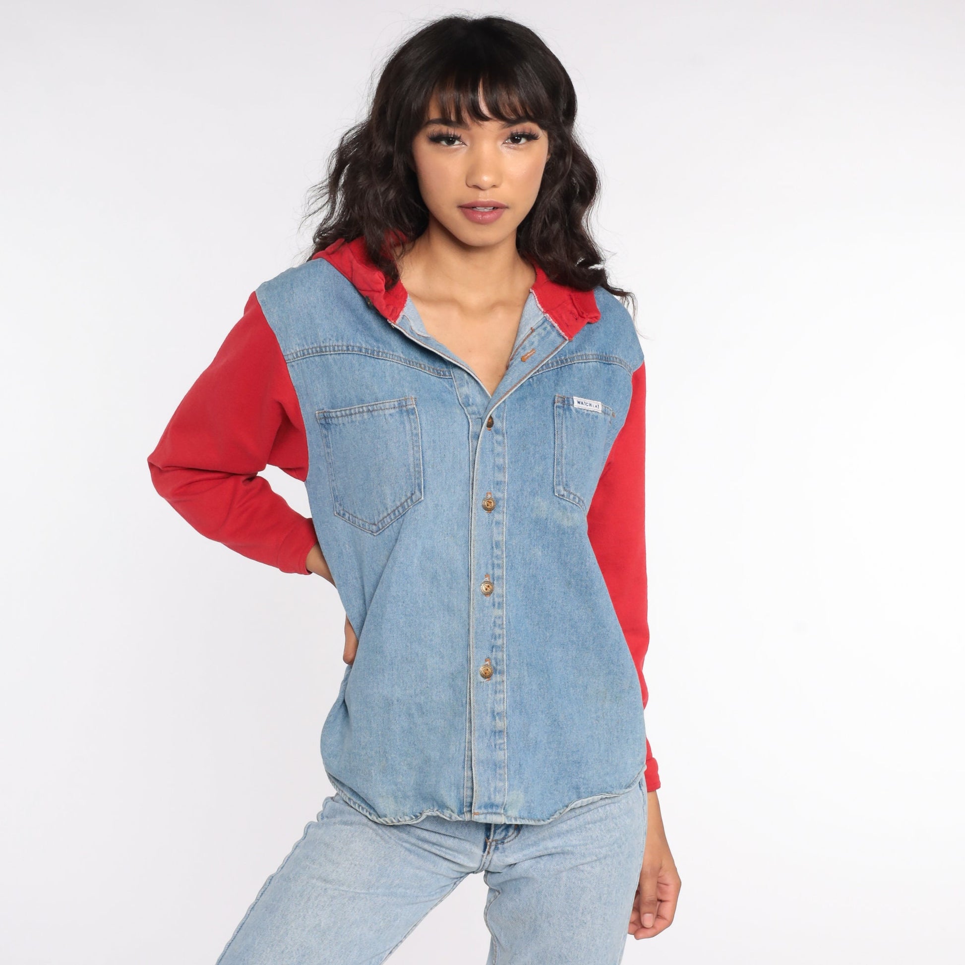 90s Blue Denim Hooded Button-Up Shirt Red Hood Cotton Small