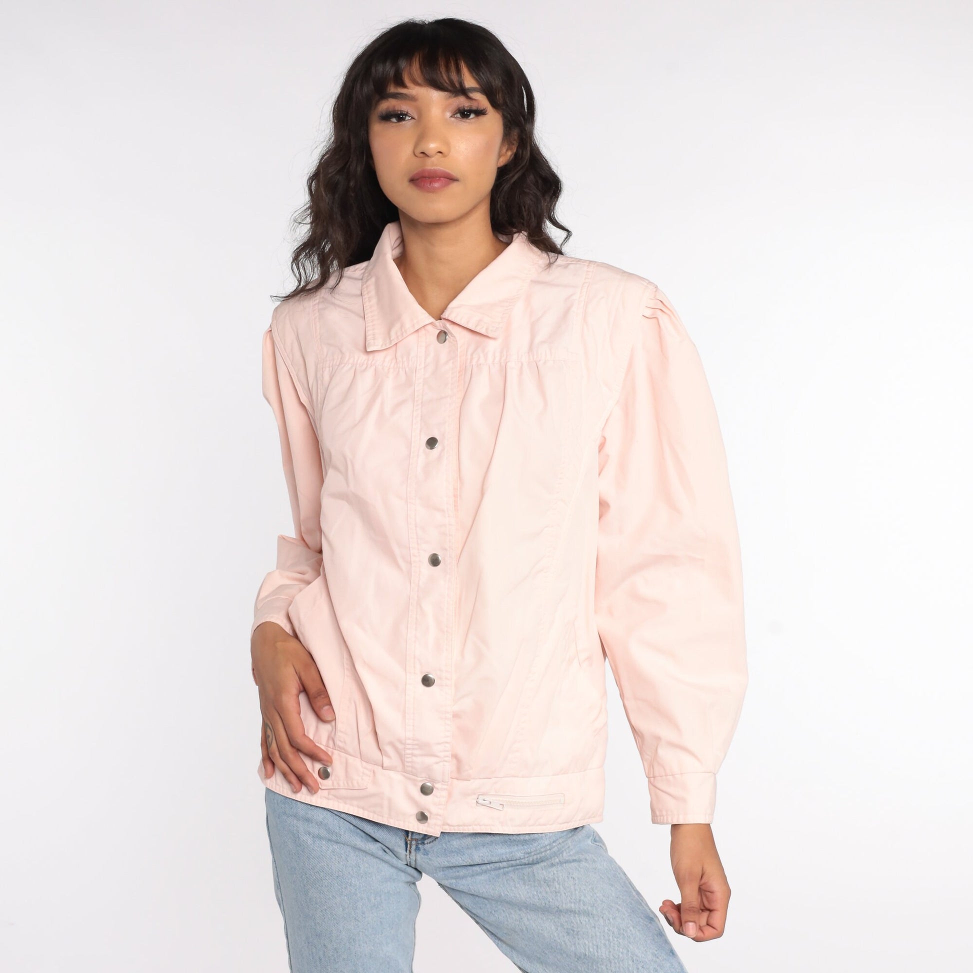 80s Baby Pink Puff Sleeve Windbreaker Bomber Jacket Medium