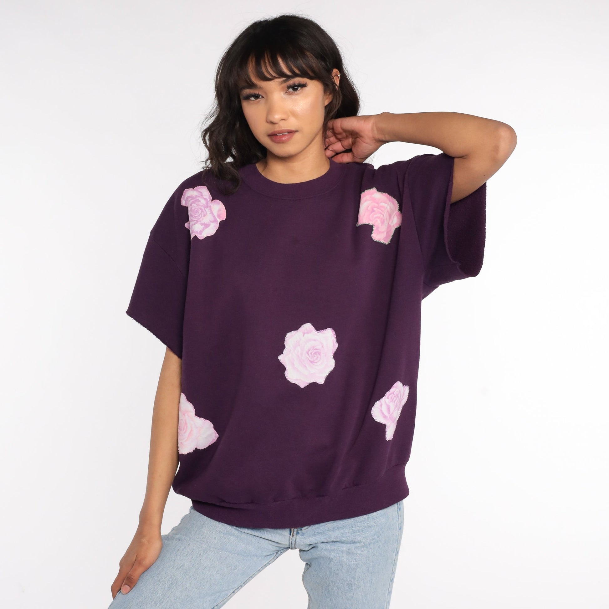 80s Jerzees Floral Short Sleeve Sweatshirt Purple Extra Large XL