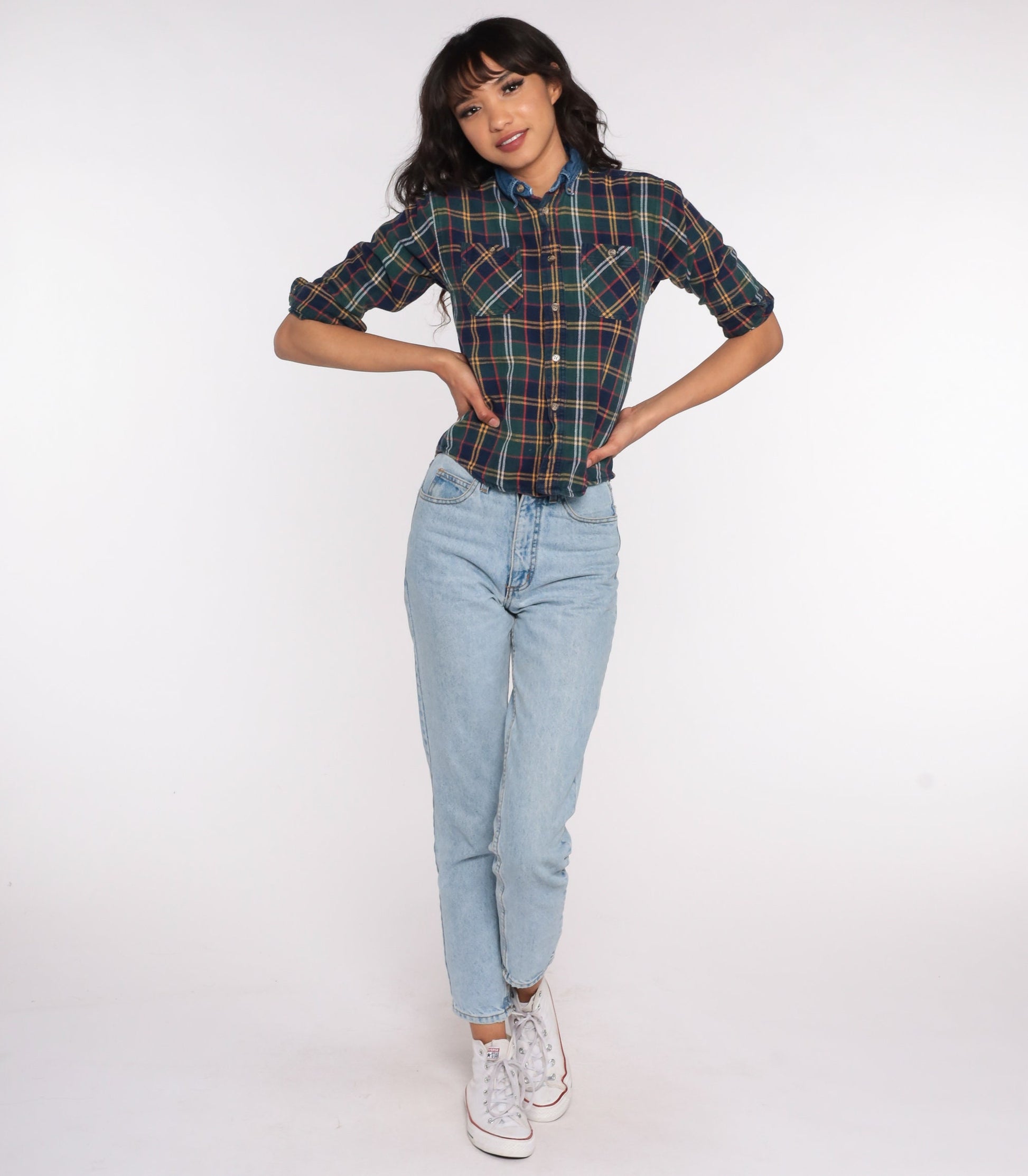 90s Plaid Flannel Shirt Denim Collar Blue Green Button Up Extra Small XS
