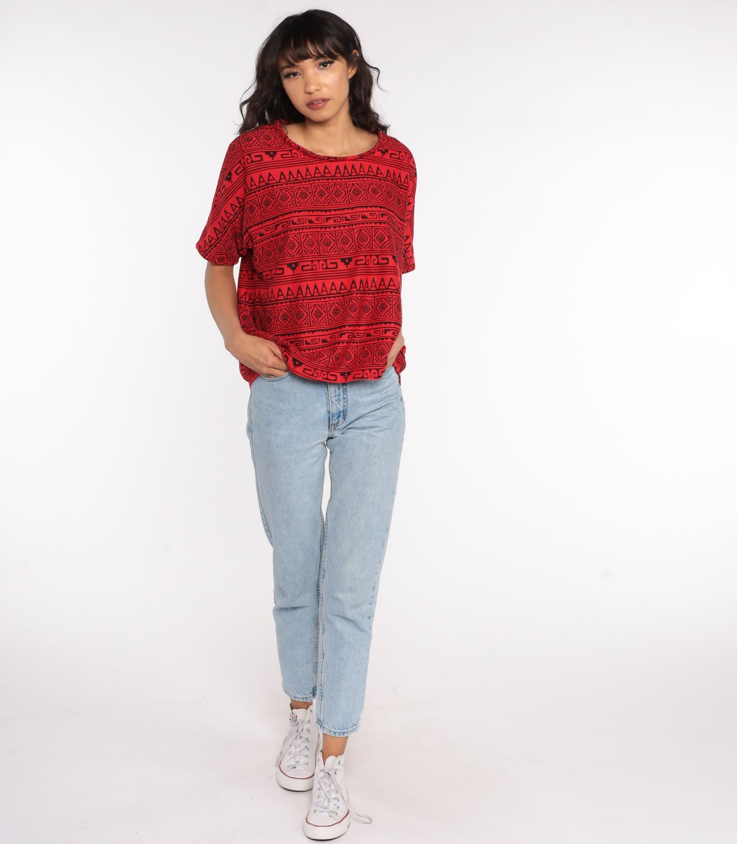 90s Geometric Diamond Print T-Shirt Red Graphic Tee Large