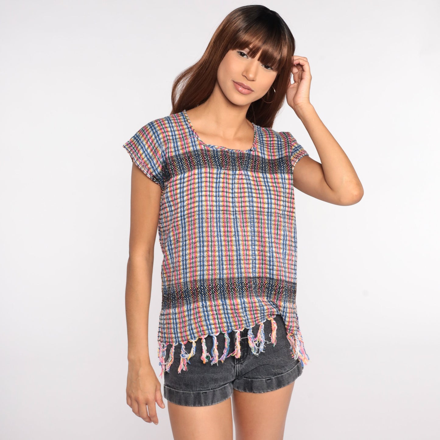 90s Striped Fringe Tunic Top Cotton Blend Short Sleeve Small