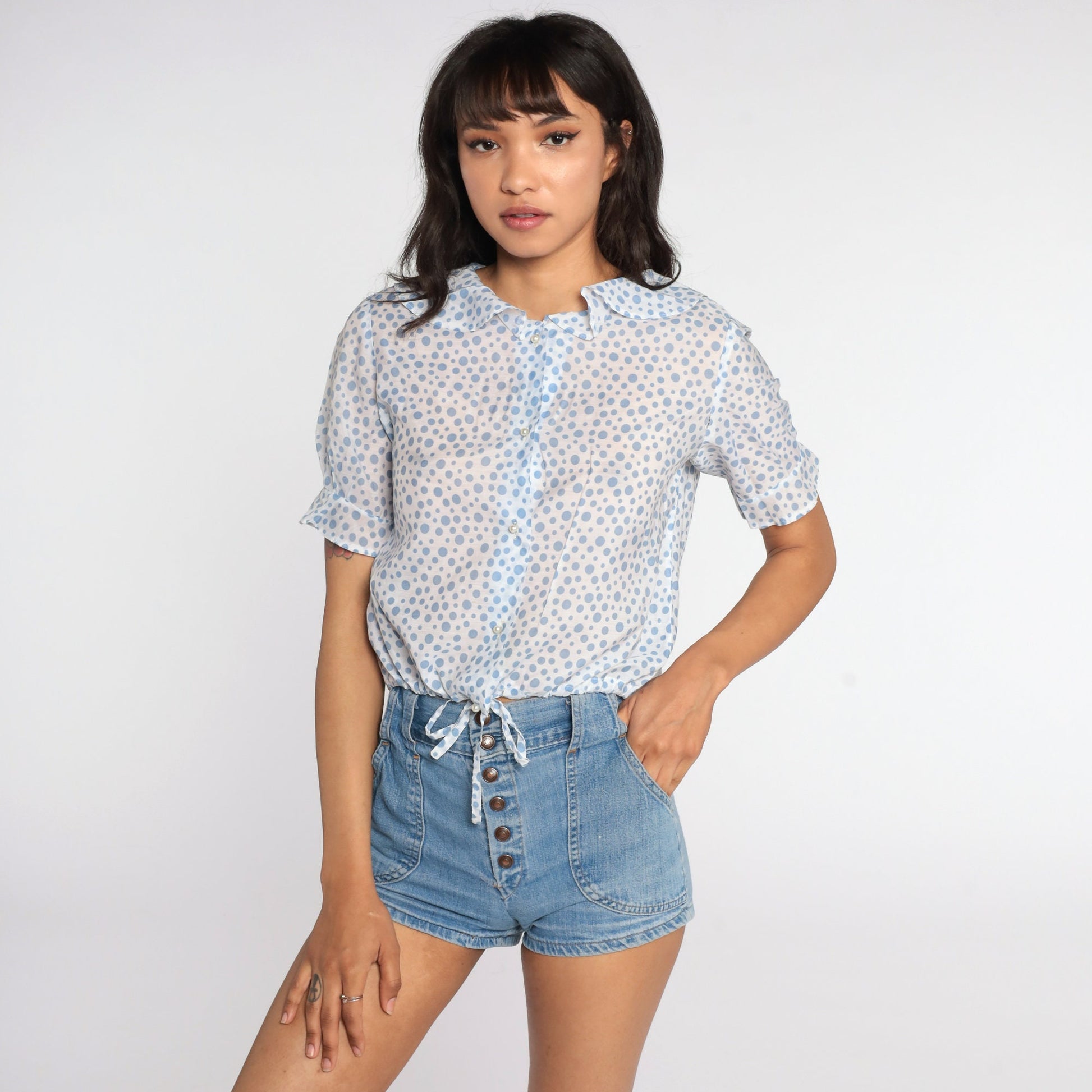 70s Polka Dot Crop Top Sheer White Pearl Button Blouse Small