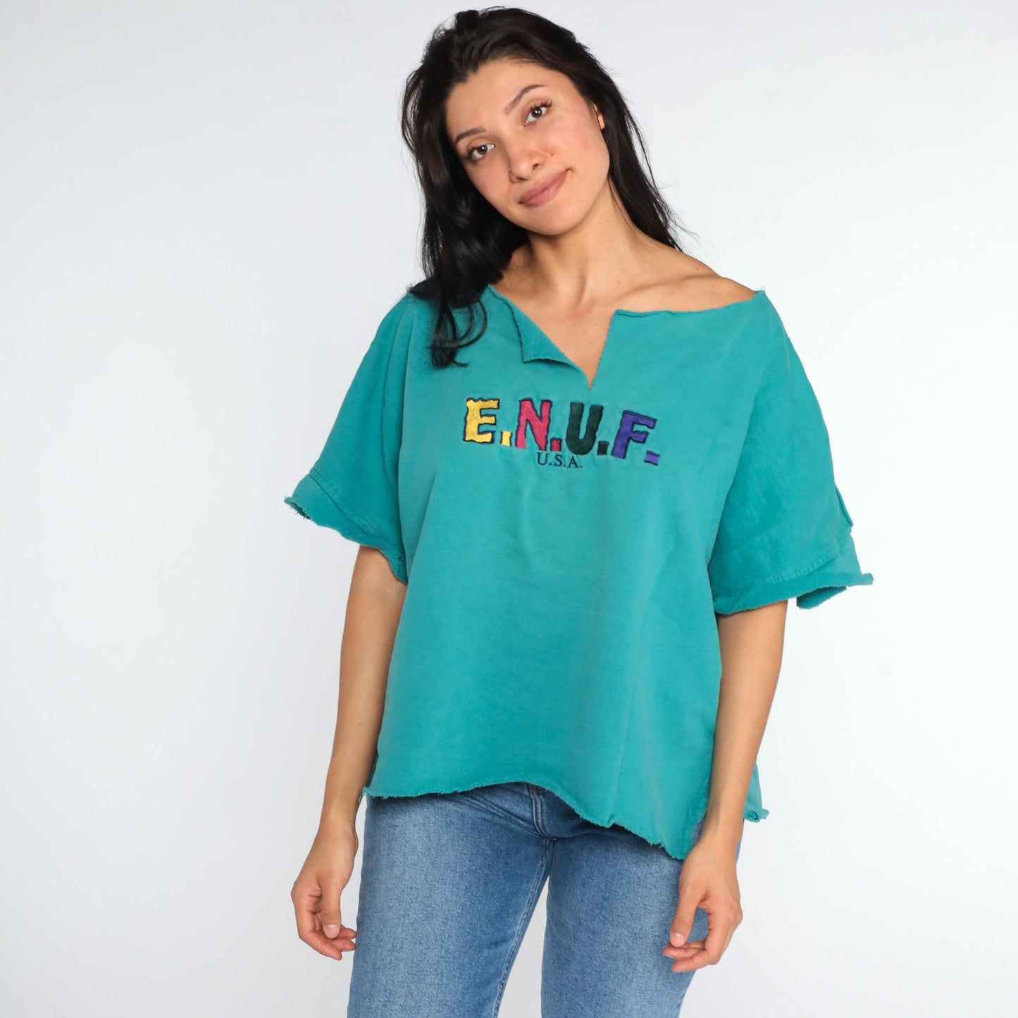 90s Enuf Rainbow Spellout T-Shirt Turquoise Green Cutoff Large