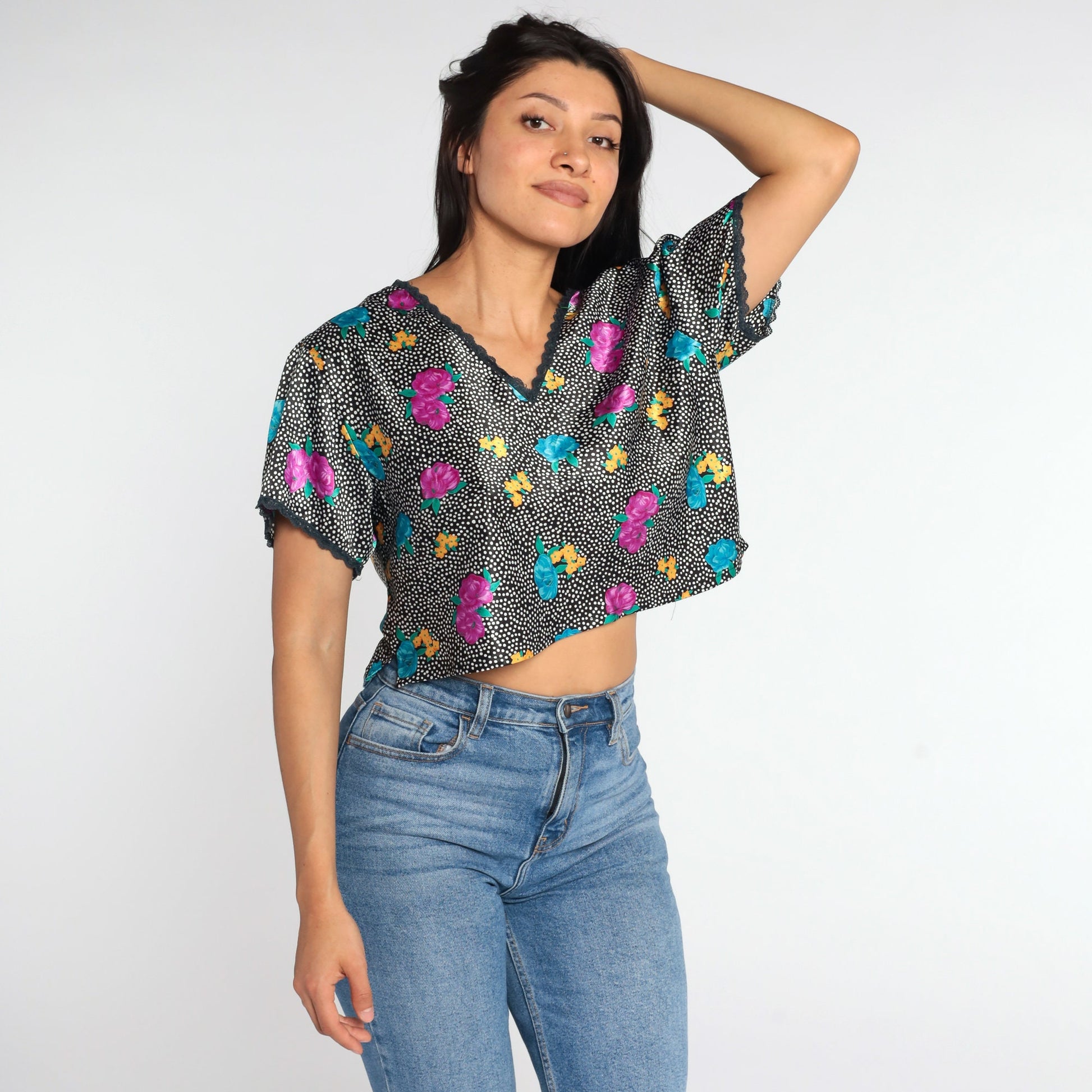 90s Black Floral Polka Dot Blouse Lace Trim V-Neck Short Sleeve Medium Large