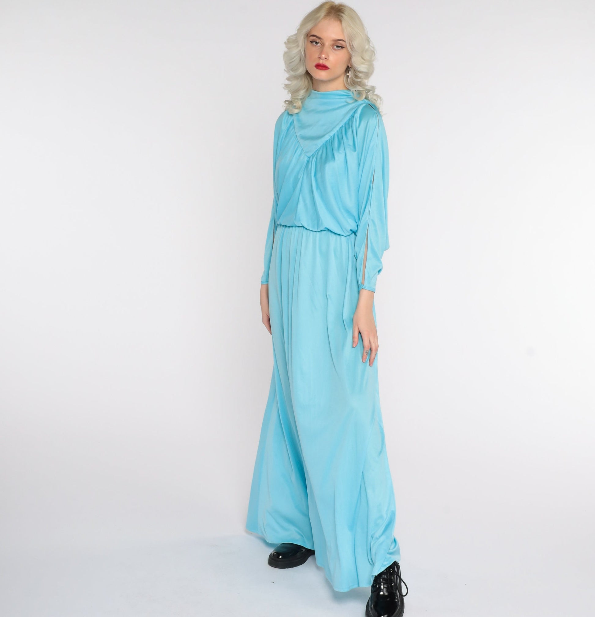 70s Blue Maxi Dress Split Sleeve Blouson Bodice Grecian Small Medium