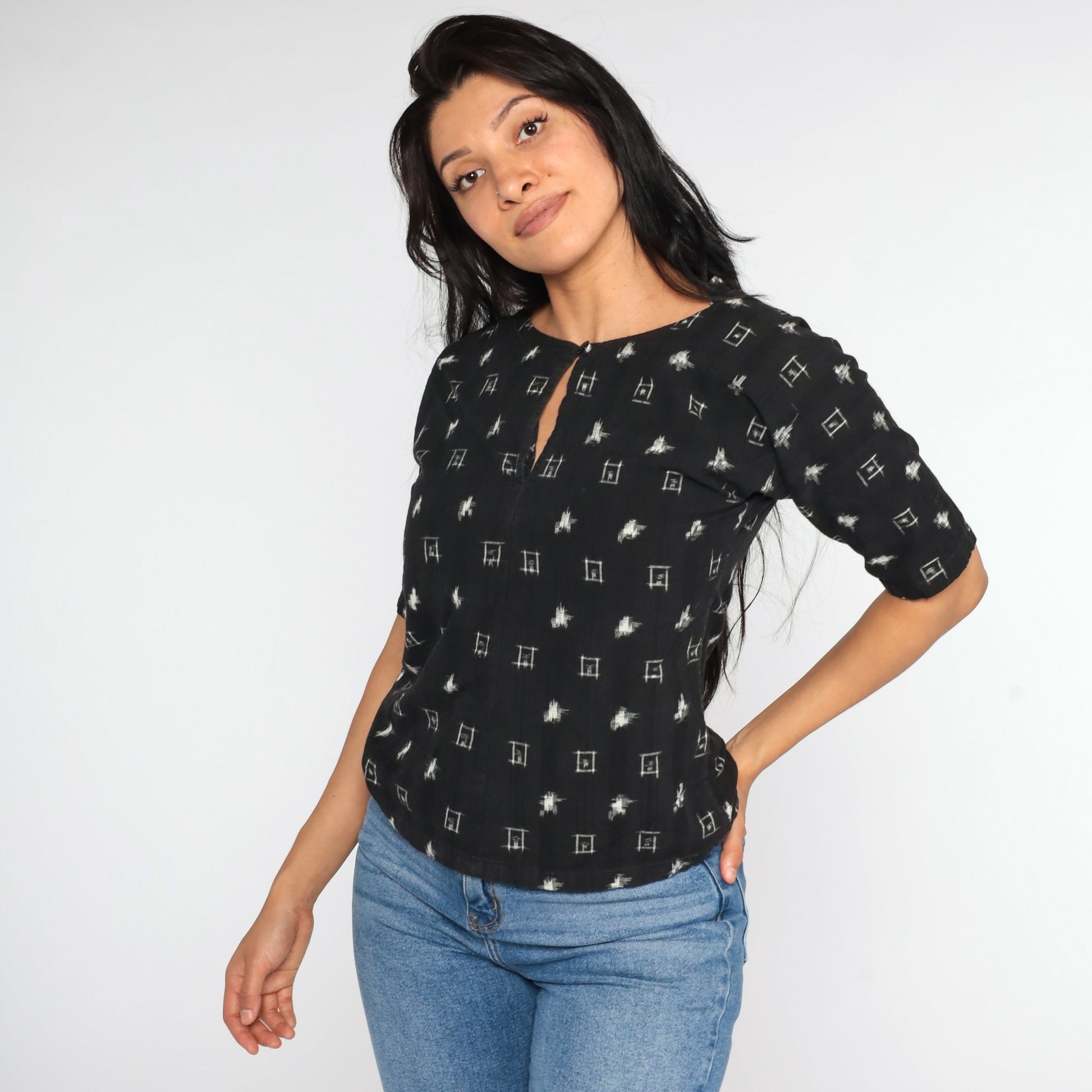 90s Geometric Black Blouse Keyhole Cutout Short Sleeve Small S