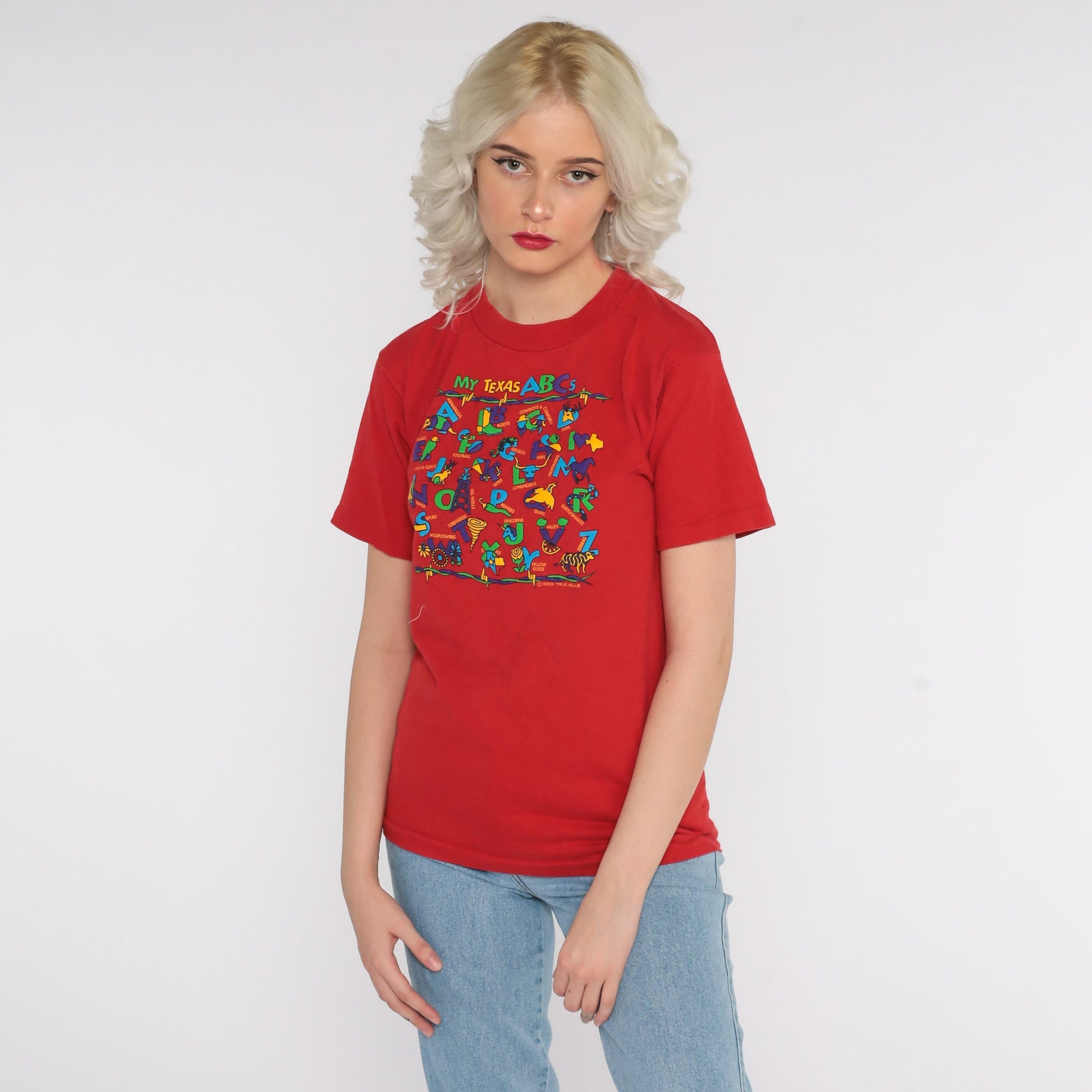 90s Texas ABCs Graphic T-Shirt Red Cotton Tee Extra Small XS