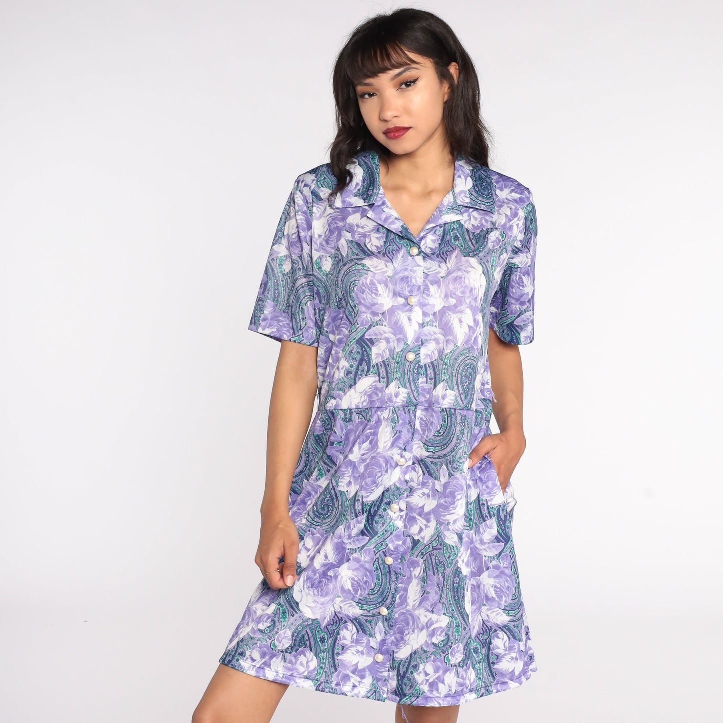 80s Purple Floral Mini Dress High Waisted Button Front Short Sleeve Large