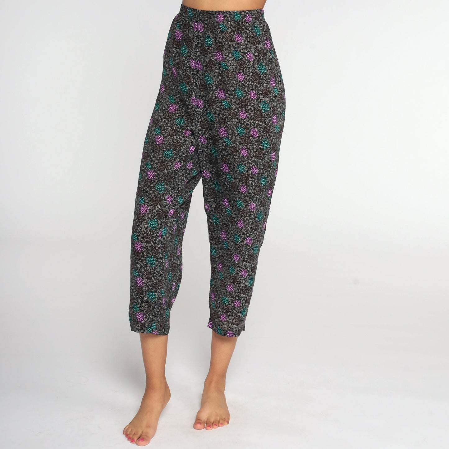 80s High-Waisted Tapered Ankle Pants Black Geometric Medium Large