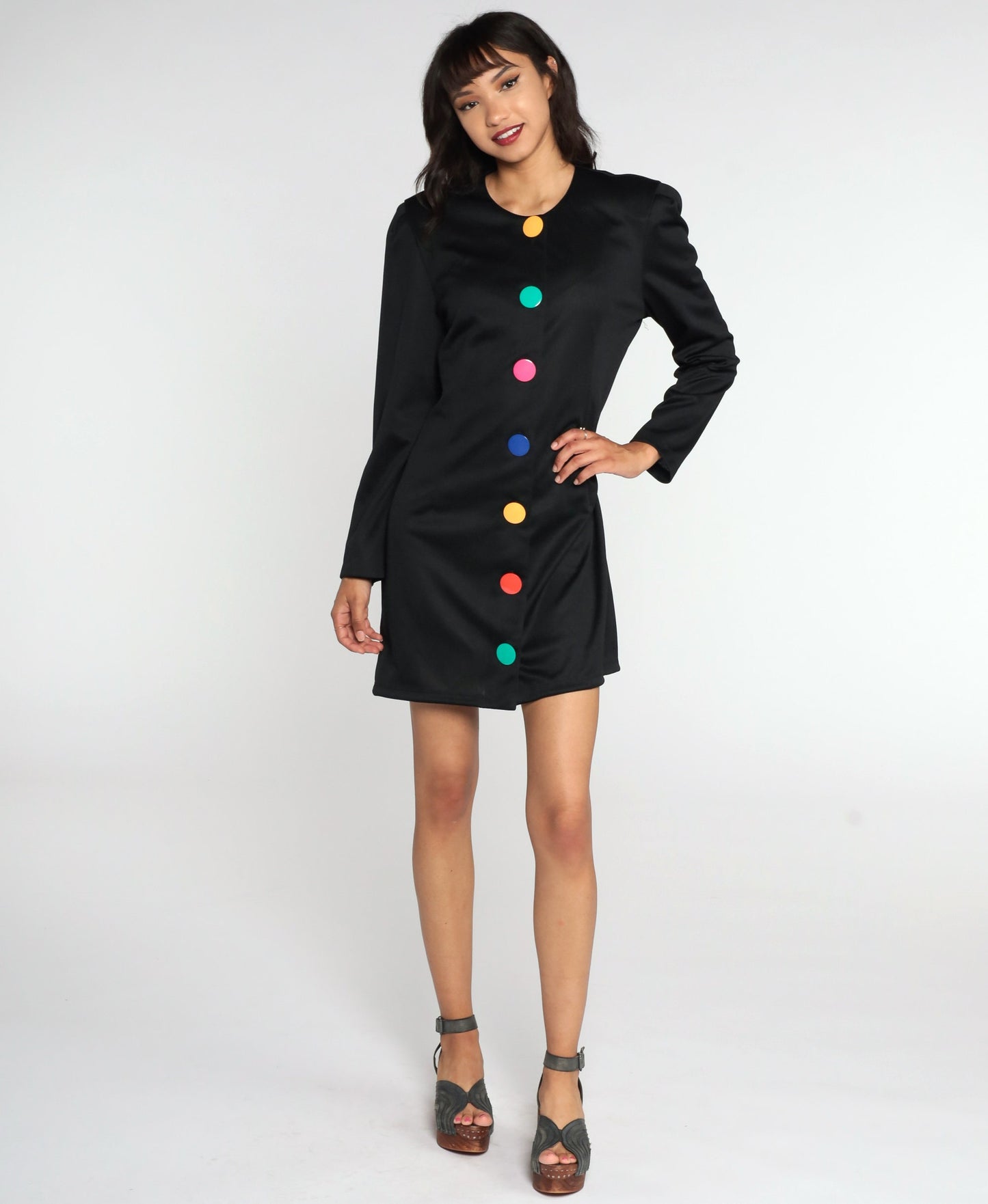 80s Black Mini Dress Rainbow Button Up Long Sleeve Sheath Large 12