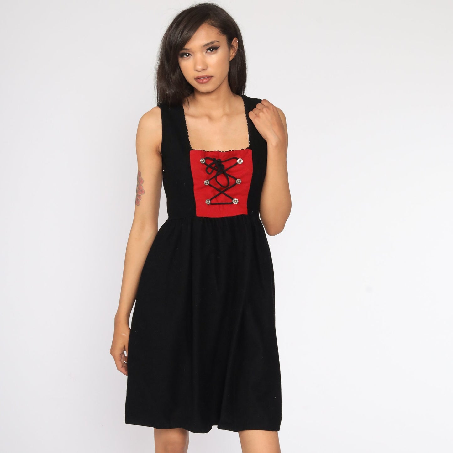 90s German Dirndl Dress Wool Black Mini Lace-Up Corset Small S