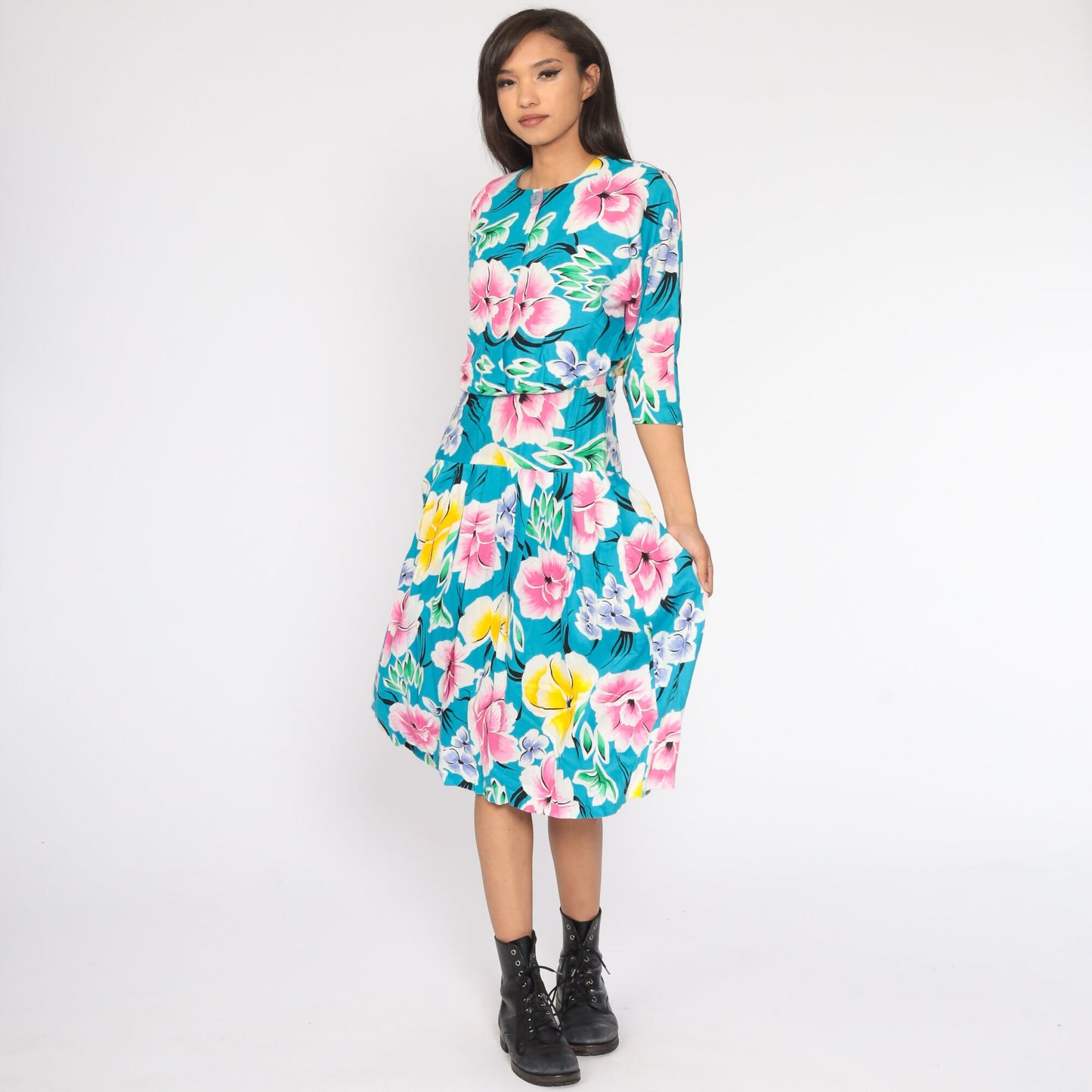 80s Floral Midi Dress Turquoise Drop Waist Button Up 3/4 Sleeve Small