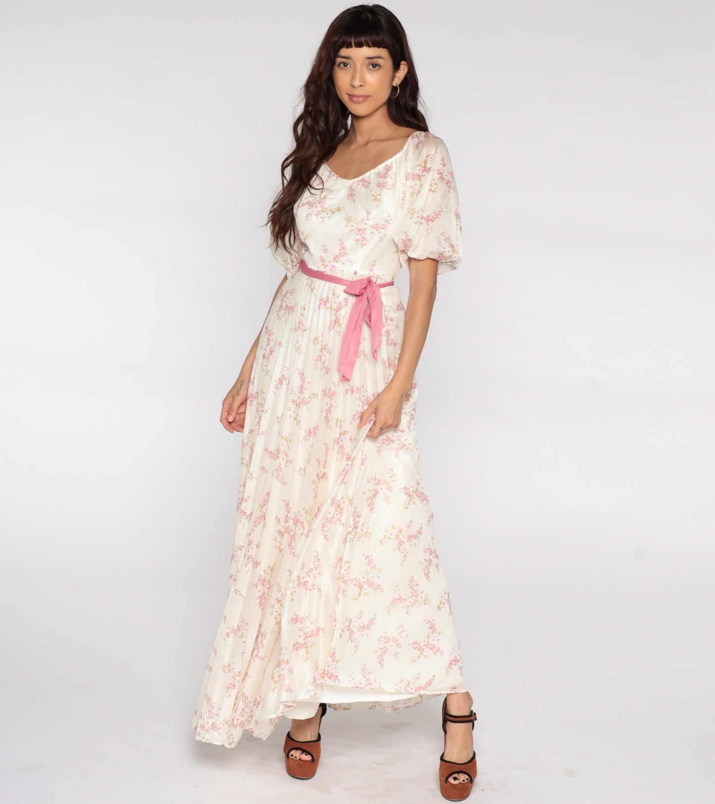 70s Floral Maxi Dress Off-White Pink High Waist Pleated Small
