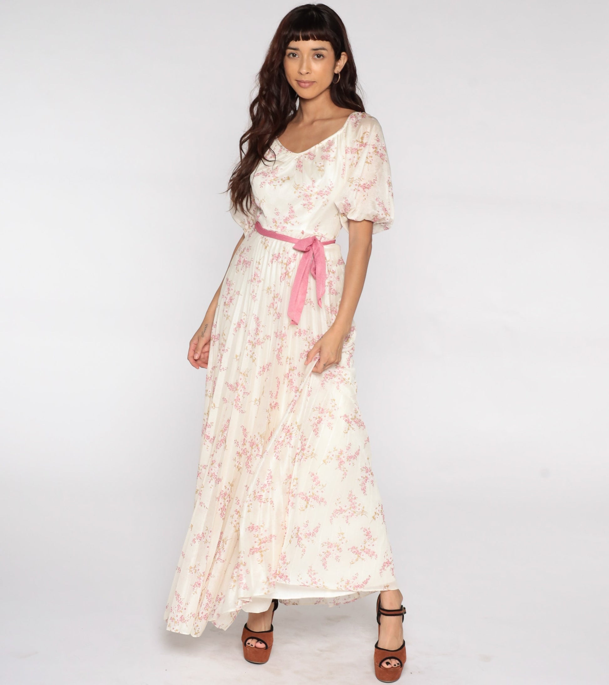 70s Floral Maxi Dress Off-White Pink High Waist Pleated Small