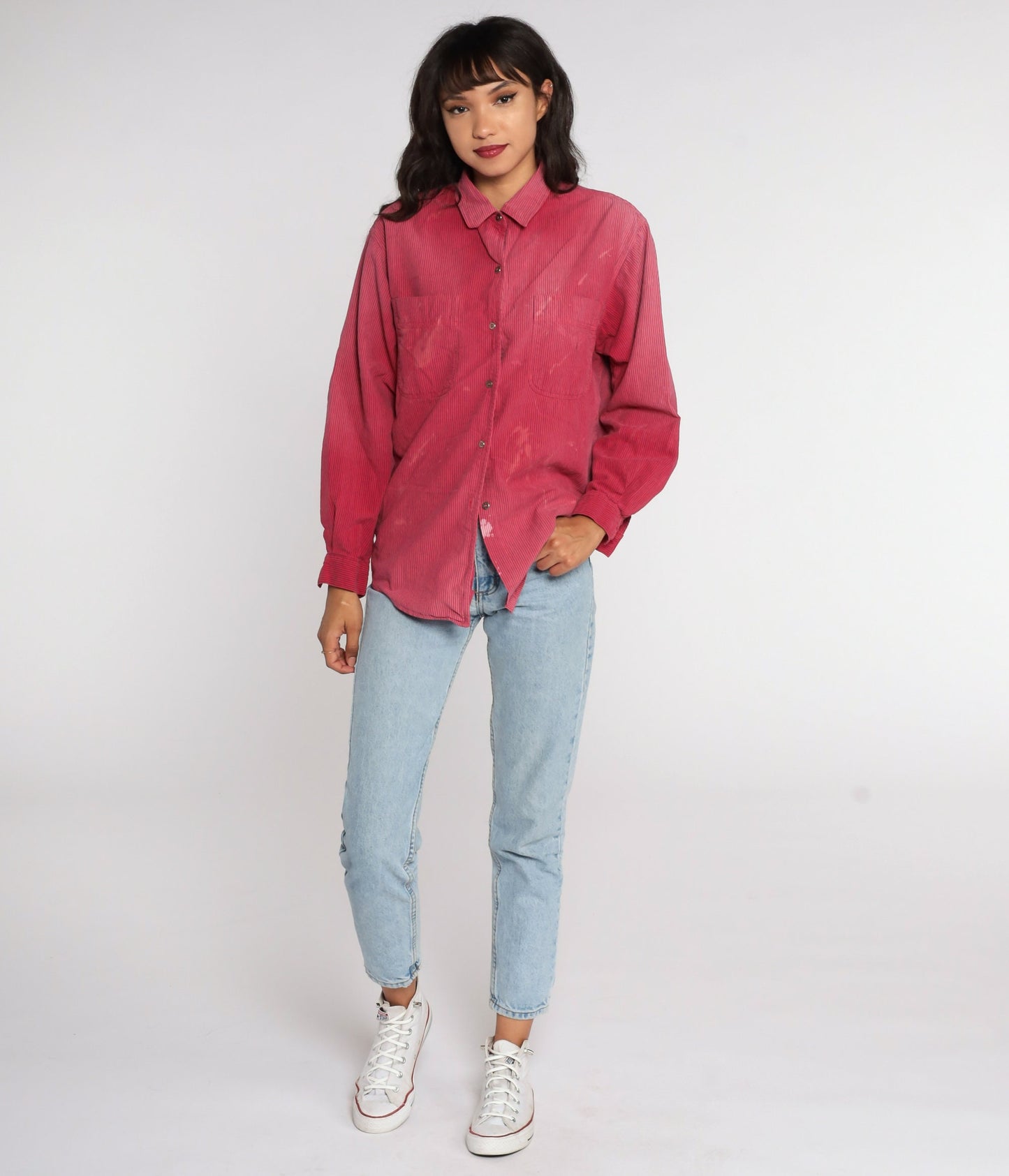 90s Calvin Klein Red Striped Oxford Button-Up Shirt Distressed Cotton Medium