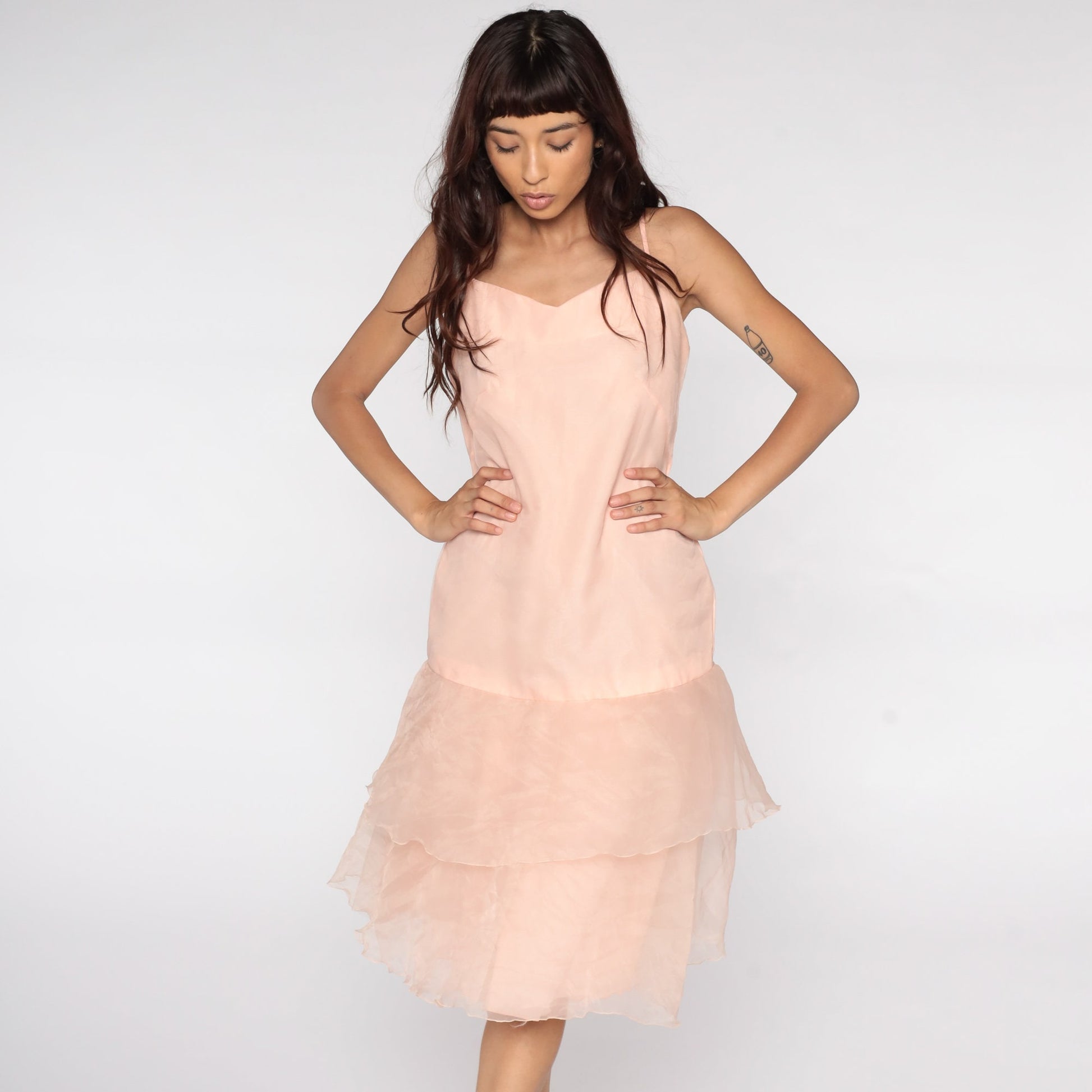 80s Pink Organza Slip Dress Midi Drop Waist Spaghetti Strap Small
