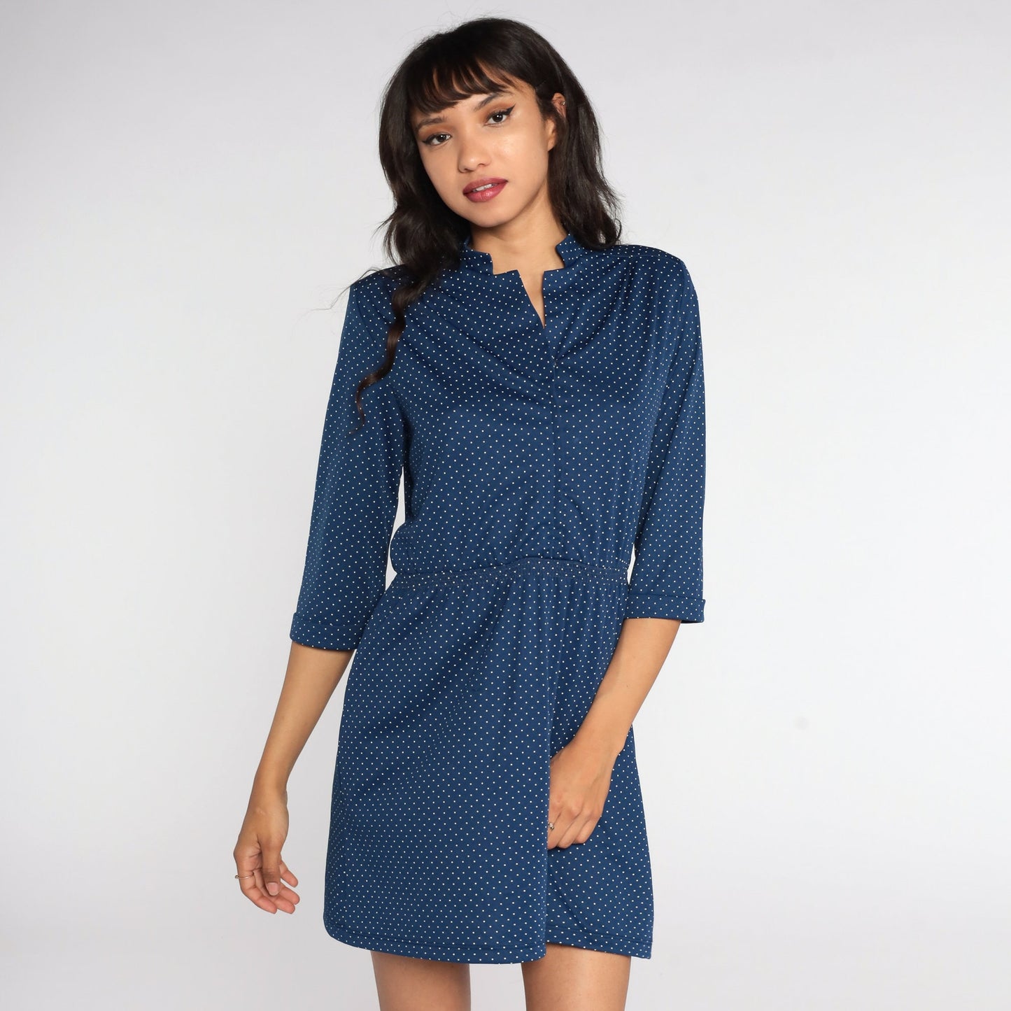 70s Blue Polka Dot Mini Dress High Waisted Short Sleeve Medium
