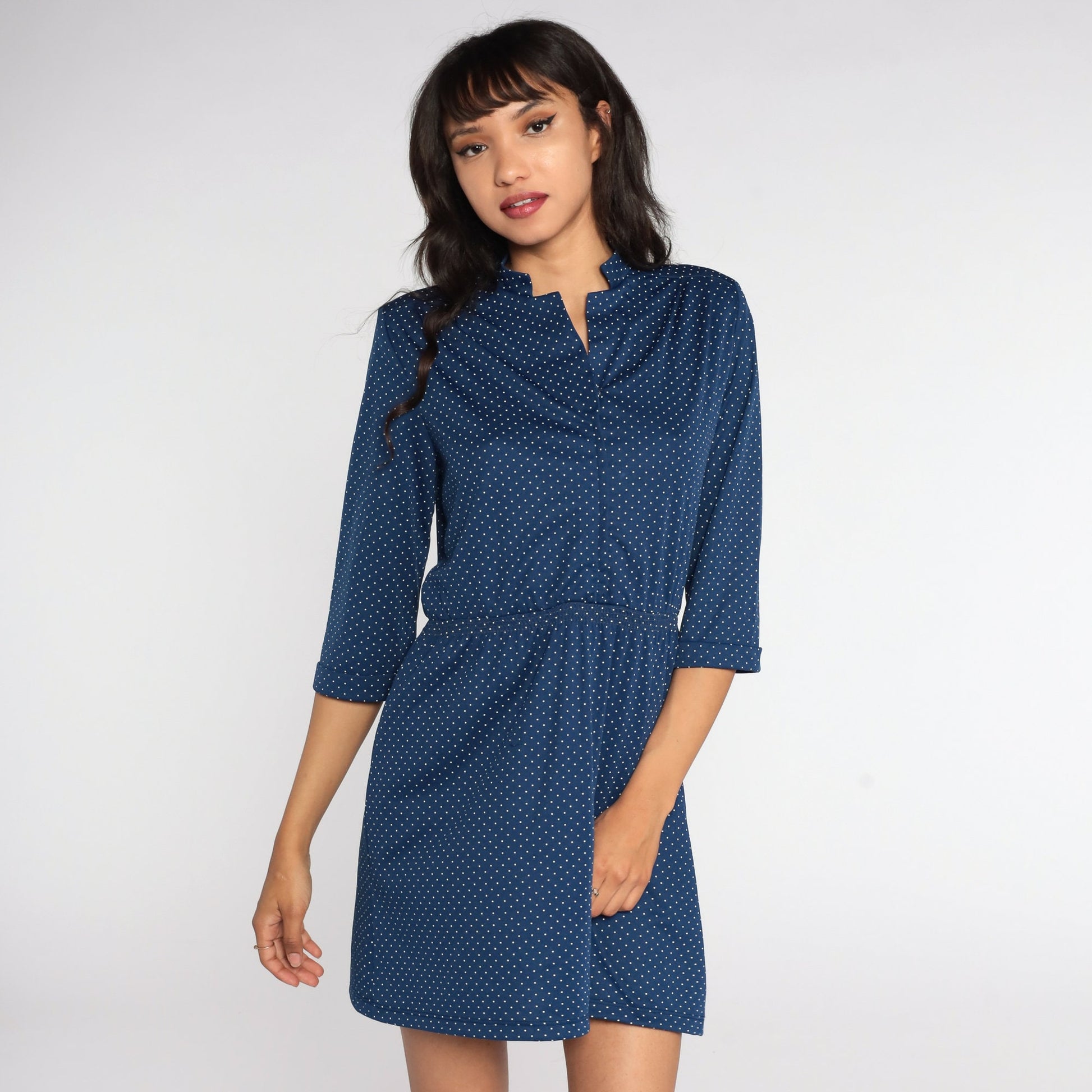 70s Blue Polka Dot Mini Dress High Waisted Short Sleeve Medium