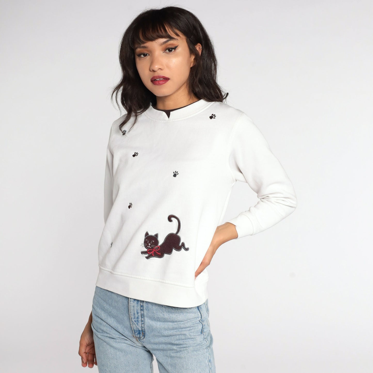 80s Cat Graphic Sweatshirt White Paw Print Crewneck Small