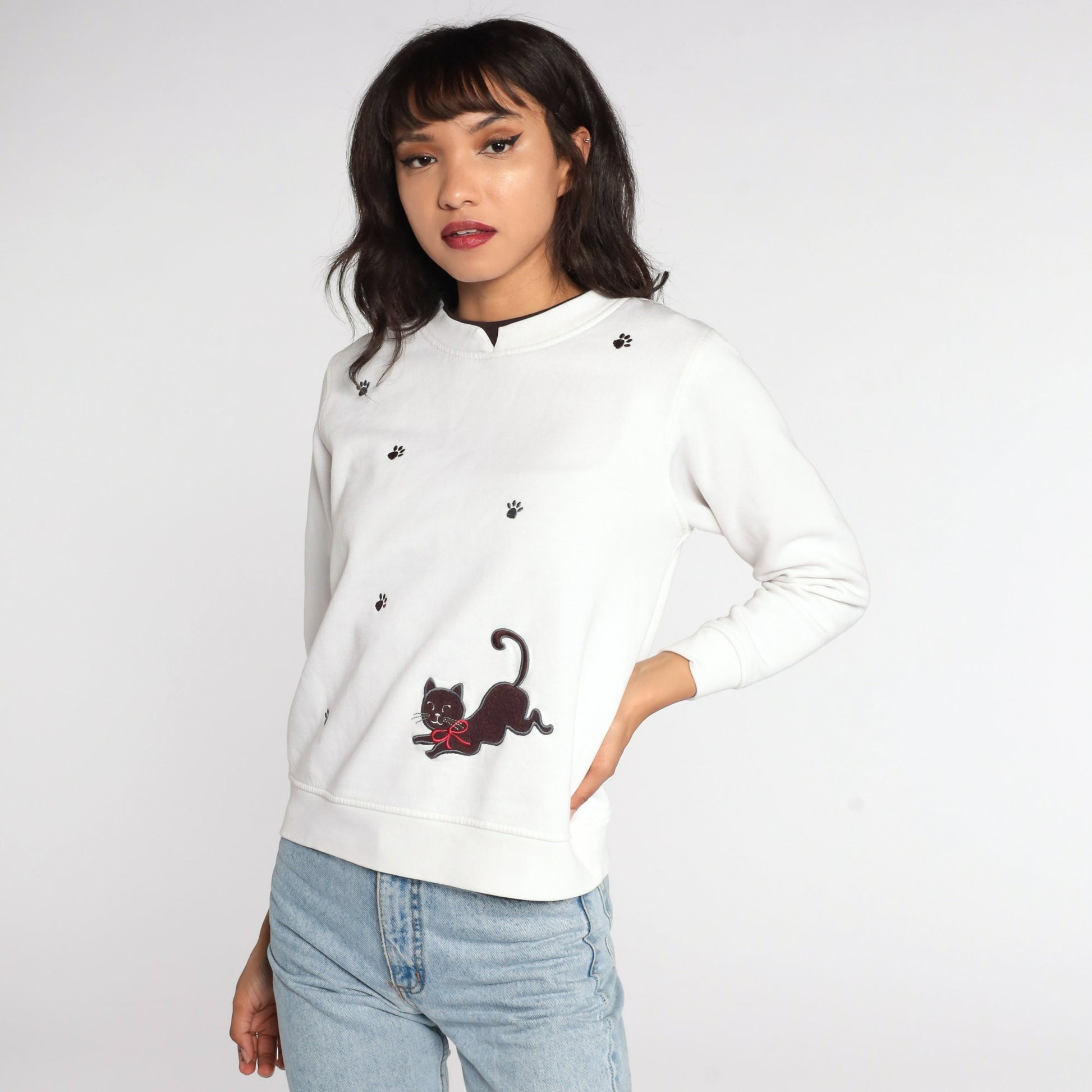 80s Cat Graphic Sweatshirt White Paw Print Crewneck Small