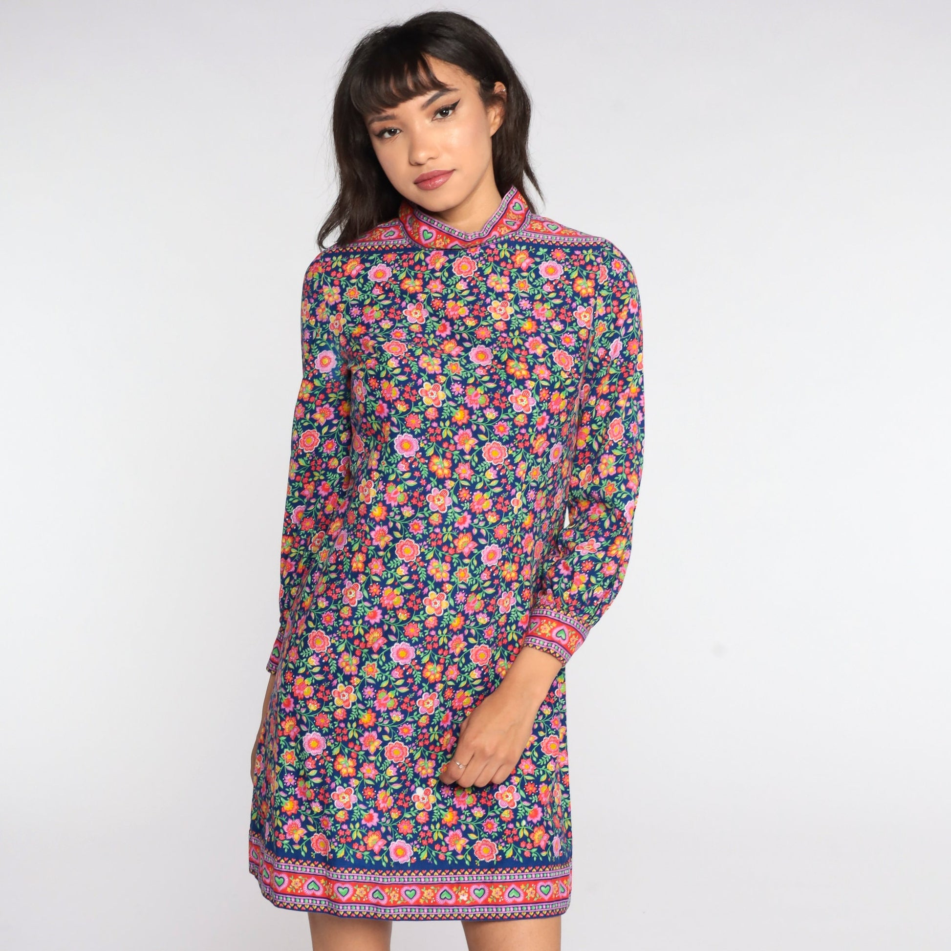 60s Psychedelic Floral Mini Shift Dress Balloon Sleeve Blue Purple Small