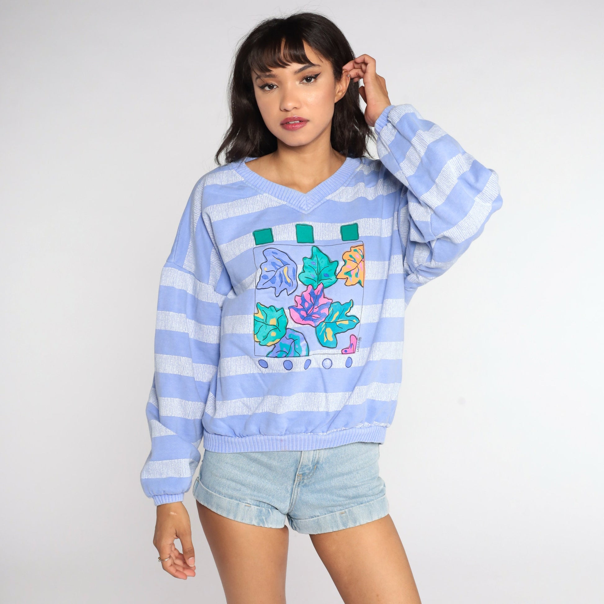 90s Purple Striped Leaf Graphic Sweatshirt Cotton Crewneck Large L