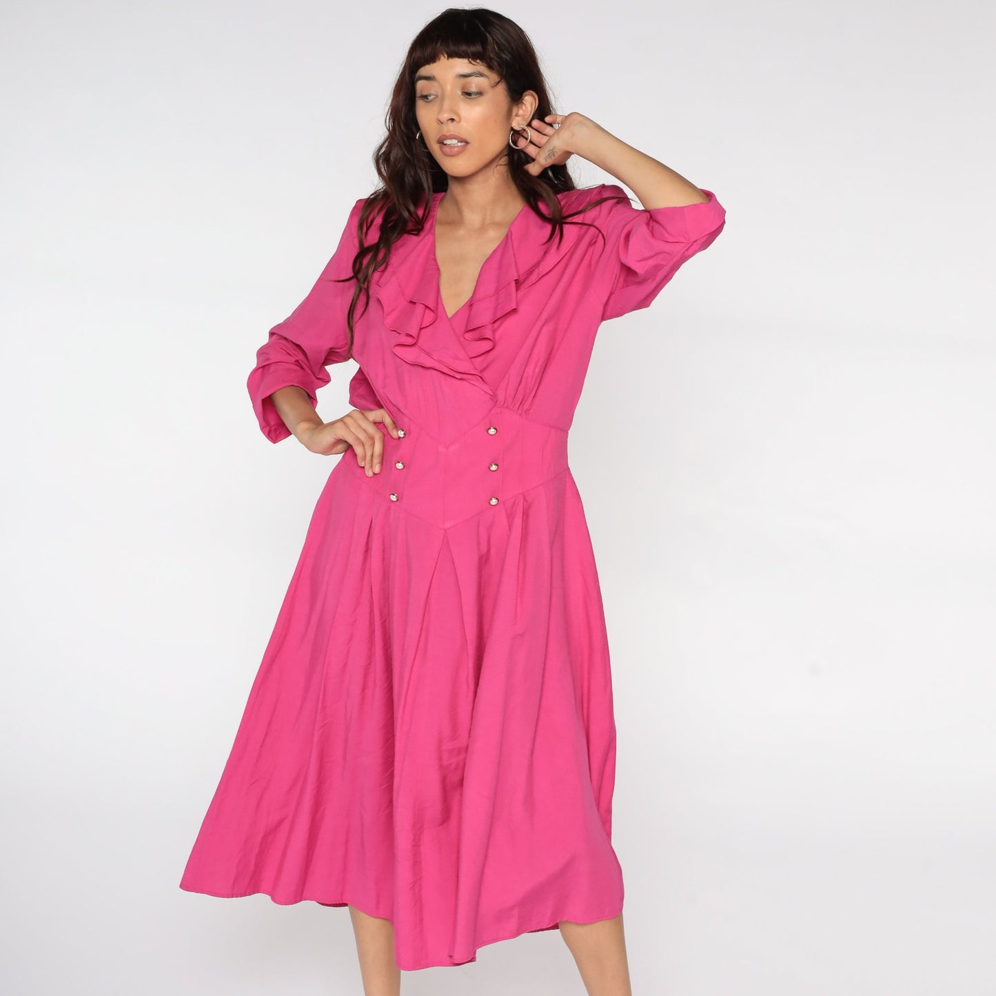 80s Pink Pleated Midi Dress High Waist Button Up Ruffle V-Neck Large L