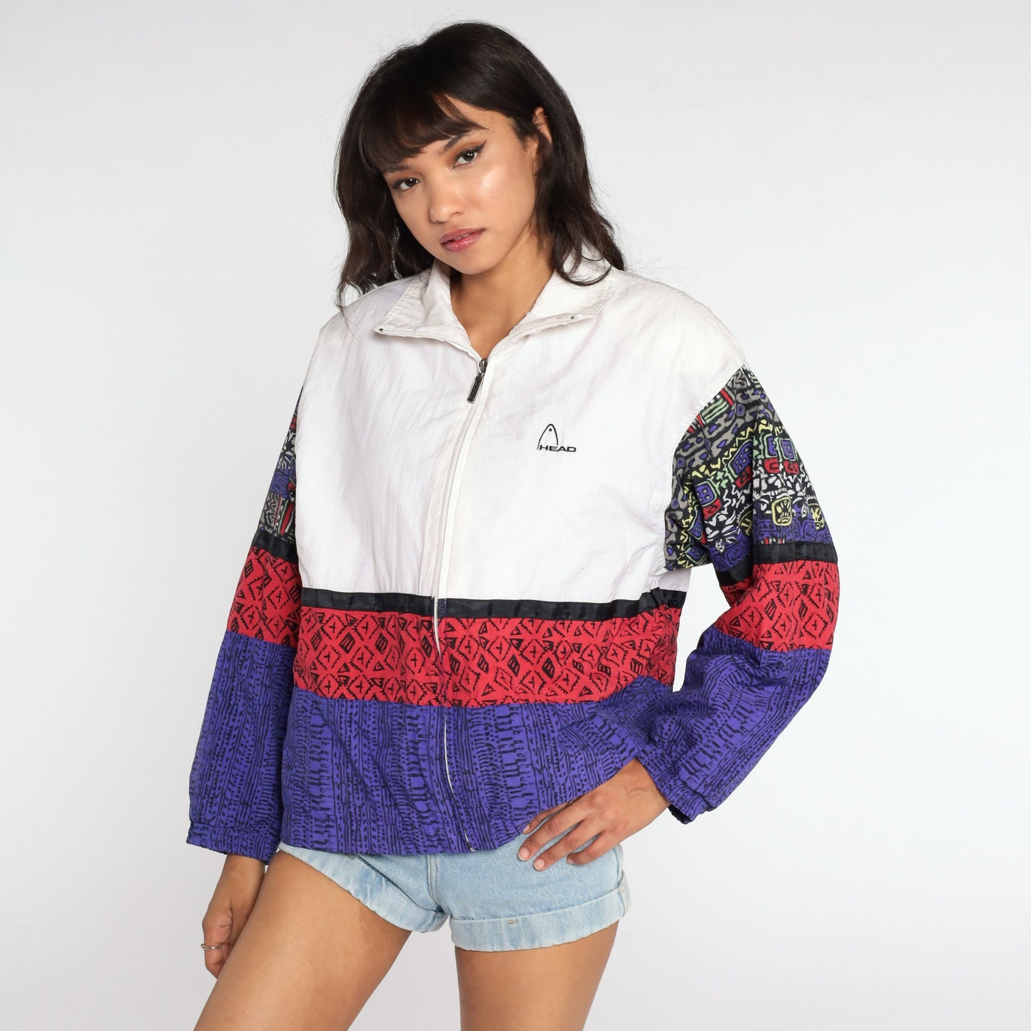 90s Head Colour Block Windbreaker Jacket White Red Purple Large