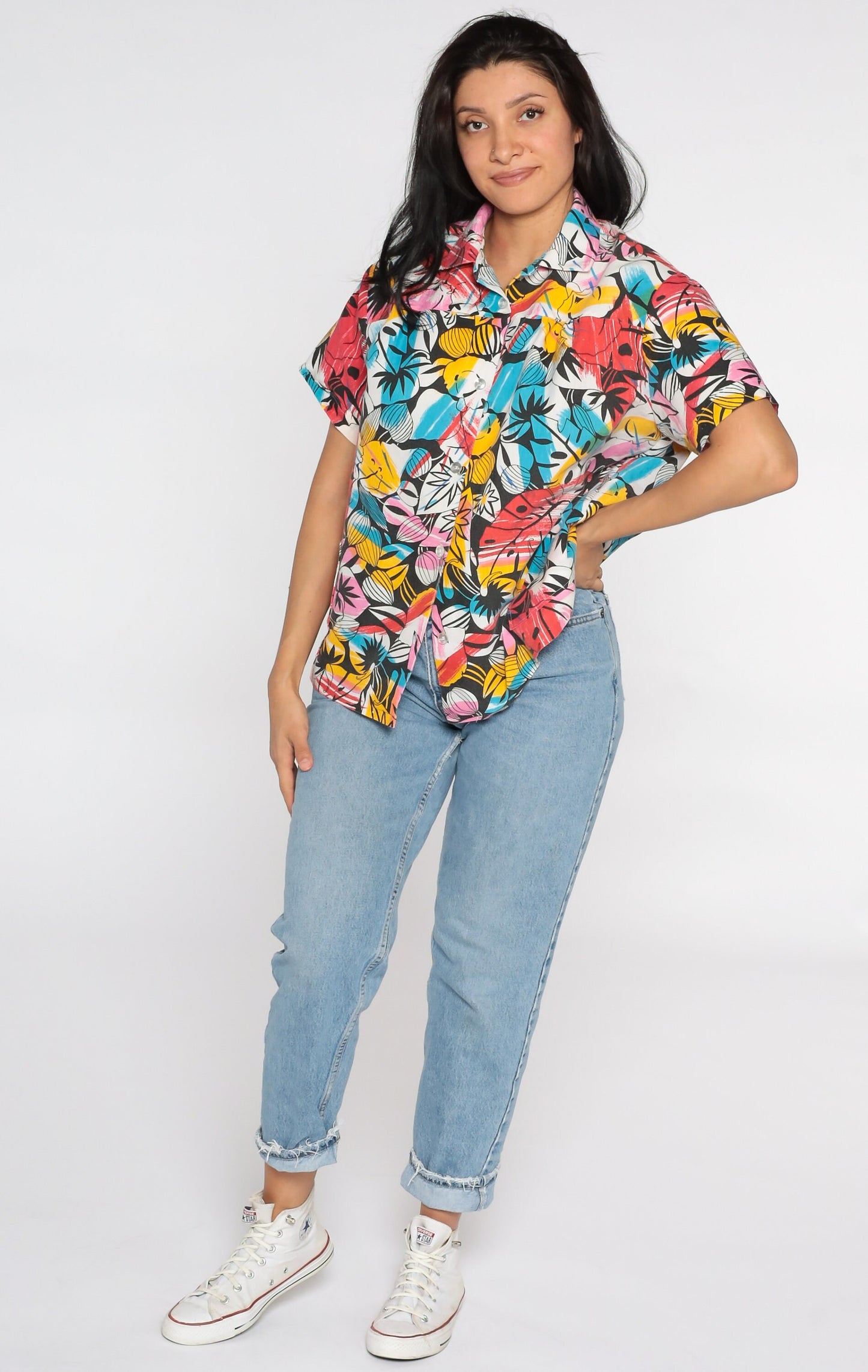 80s Tropical Leaf Print Button Up Shirt Short Sleeve Blouse Extra Large XL