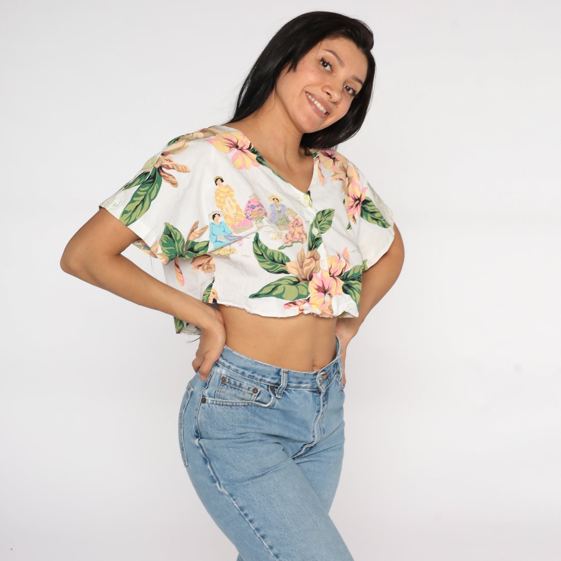 80s Polynesian Woman Tropical Crop Top Button-Up Blouse White Medium Large